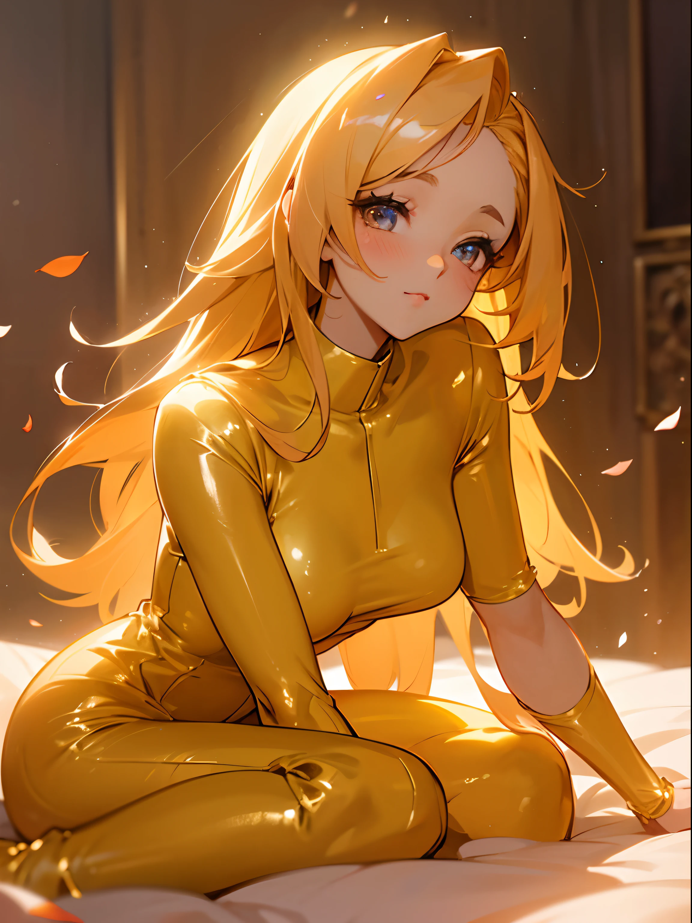Long Golden hair woman, leaning forwards, big breast, wet pussy, lewd face, opening mouth smiling and sticking out tongue, looking up, blushes cheeks, Shiny Golden latex slider suit with hidden skin, Shiny Golden latex gloves, Shiny Golden latex leggings, small Shiny Golden latex slime tentacles on edge of chin, Shiny Golden slime dripping.