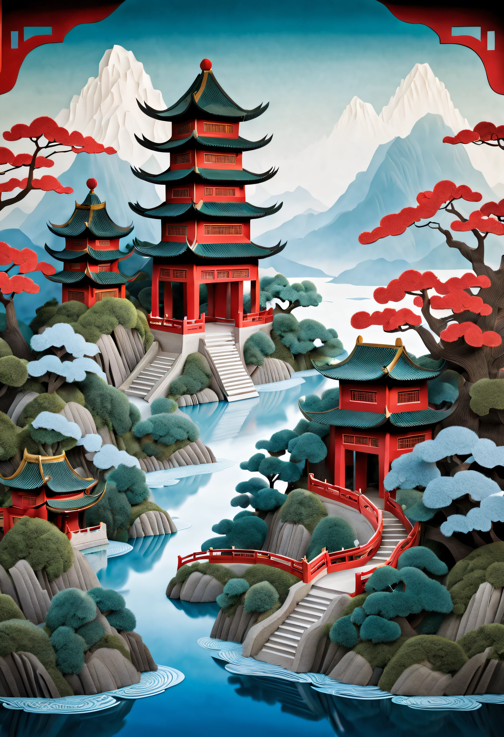 paper cut out,Chinese architecture,gardens,mountain water,Sea of clouds