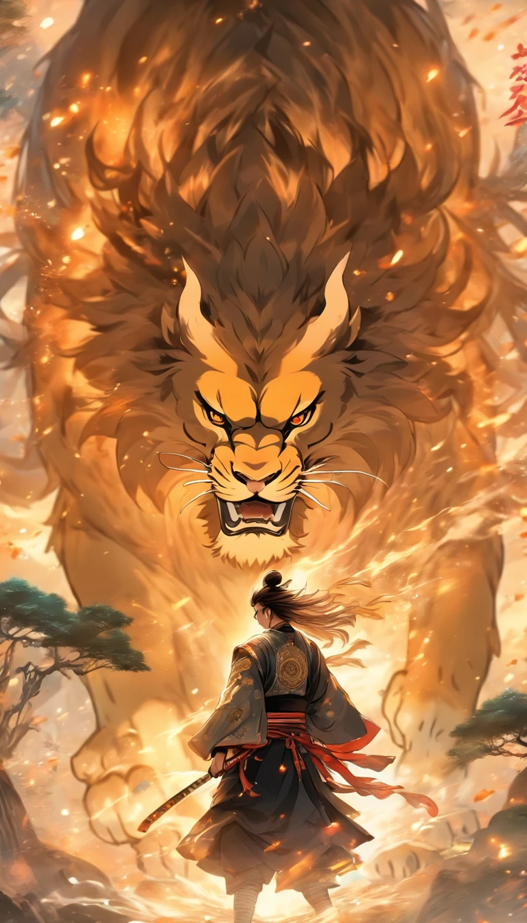 estilo da porcelana,中景 the scene is,The Taoist samurai stood before a huge transparent lion,Holding out your hands,long messy hair,efeito de brilho,hyper-realistic,Ultra foto realsisim,Chinese black and white ink style,prata,Discoloration,Mancha,Inky,8k,super-fino,alta quaridade,Renderizador OC