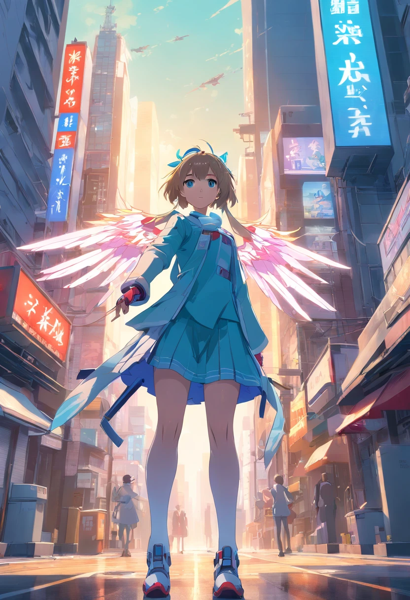 From Side、top-quality、ighly detailed、masterpiece、ultra-detailliert、illustratio、((1girl in))、silber hair、length hair、Floating hair、Exoskeleton tights、mechs、Cyber City、Neon building、(The upper part of the body:1.05)、extremely_Detailed_Eyes_And_Face,cybernetic wings、mechanical wing、Fighting stance、Skyscraper、、mecha musume、shrine maiden