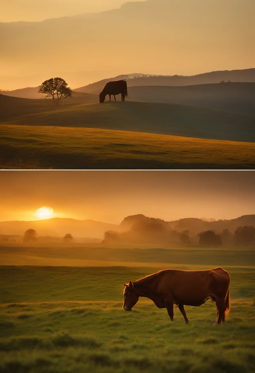 (Stunning shots),Comic style,Lone horse and lone cow, Detailed fur, short horns, Serene gaze, breathtaking landscape, subtle Colors, Natural lighting, A high resolution, capturing moments, National Geographic style, Silhouette of a cow, prime time, tranquil ambiance,