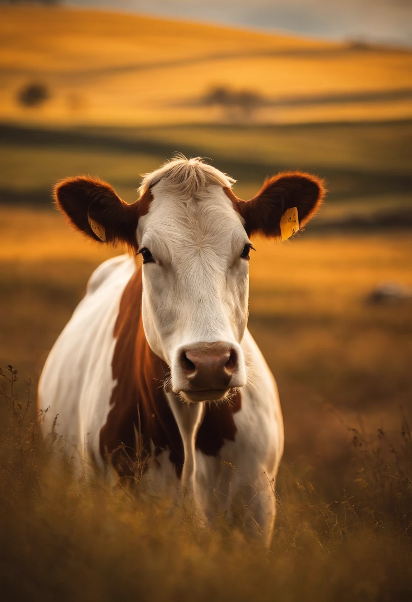 (Stunning shots),Comic style,Lone horse and lone cow, Detailed fur, short horns, Serene gaze, breathtaking landscape, subtle Colors, Natural lighting, A high resolution, capturing moments, National Geographic style, Silhouette of a cow, prime time, tranquil ambiance,
