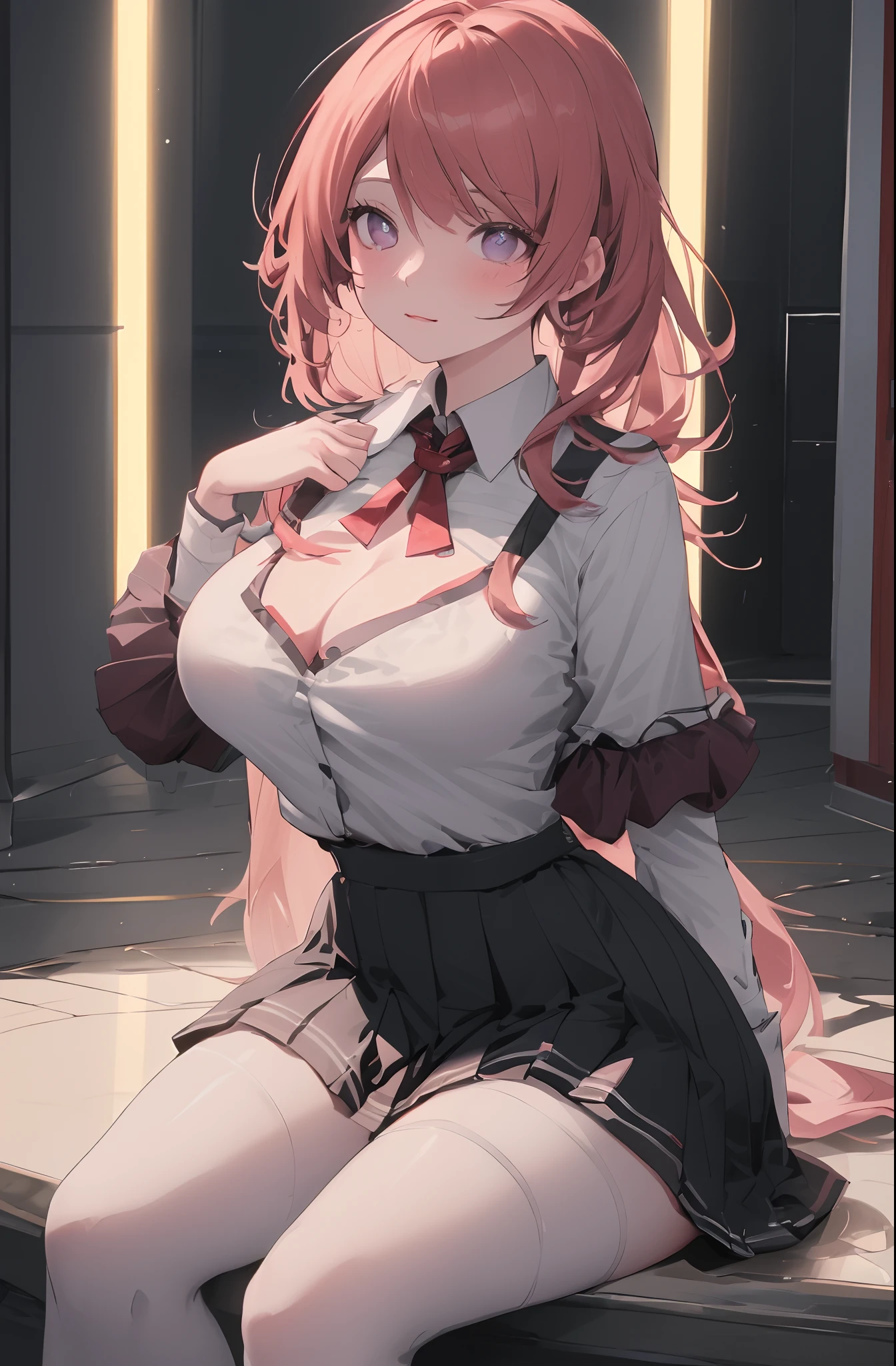Ultra-realistic 8k CG，s the perfect face，flawless perfection，ren，tmasterpiece，professionalartwork，famousartwork，s the perfect face，beauitful face，beautidful eyes，（（Perfect female body）），独奏，（immersiveatmosphere，lightand shade contrast：1.5，Bright light:1.2,lumnious),,(Blushlush:0.5),Enchanting expression,Ultimate detail_The eye,thick thight,huge tit,Exquisite background,depth of fields,photorealestic:1.3,Faraway view,1girl,The shirt,pleatedskirt,School Uniform，Sit Pose，full bodyesbian，（ambient lights：1.3），（cinematic compositions：1.3），（neonlight：0.1），（HDR：0.1），emphasis lighting，White panty hose，pantiess，camisole，Superskirt， your ass，show off breasts，cleavage，Desire for dissatisfaction，Wet，perspire
