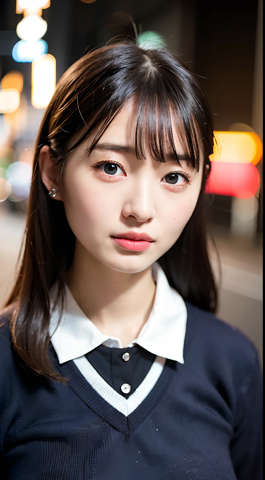 1girl,(school uniform,japan,medium hair black hair, ),(RAW photo, best quality), (realistic, photo-realistic:1.4), masterpiece, an extremely delicate and beautiful,, photography, extremely detailed, kodak Portra 400,film grain,2k wallpaper, Amazing, finely detail, extremely detailed CG unity 8k wallpaper, ultra-detailed, highres, soft light, beautiful detailed girl, extremely detailed eyes and face, beautiful detailed nose, beautiful detailed eyes,cinematic lighting,city lights at night,street