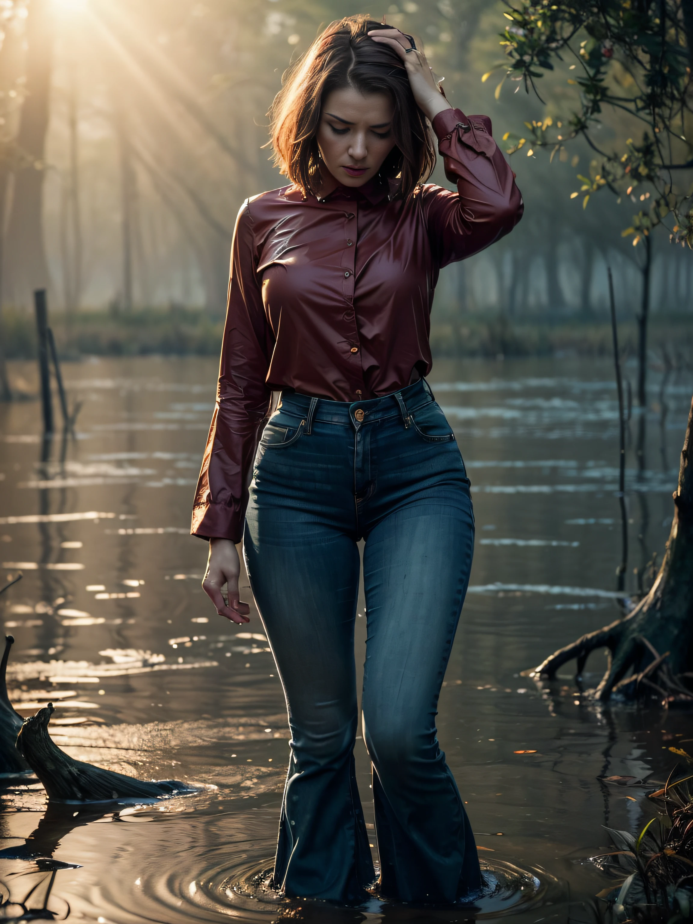 (Wide flares on jeans:1.2), (wet clothing), (Best Quality,hight resolution,bokeh:1.2),The woman,Pronounced wrinkles,Bob haircut,Detailed eyes and face,Gloomy blouse,expression of despair,dramatic lighting,Imminent Doom,ominous vibe,desperation,(Drowning in a swamp below the knee:1.4),(standingn:1.2),(gloomy ecstasy:1.1), Posing,