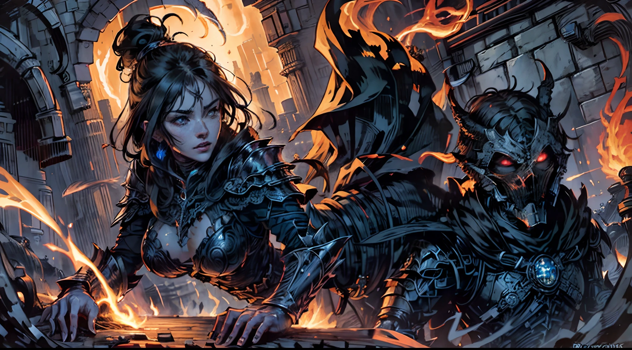 official art, unity 8k wallpaper, ultra detailed, masterpiece, best quality, 1 woman, (extremely detailed), dynamic angle, Mysterious expression, fire sparkle effect, fantasy background, rim lighting, side lighting, cinematic light, ultra high res, 8k uhd, film grain,best shadow, delicate, RAW, light particles, detailed skin texture, detailed armor texture, detailed face, intricate details, ultra detailed, bright, (realistic), ((black hair)), very glowing blue eyes, curvy