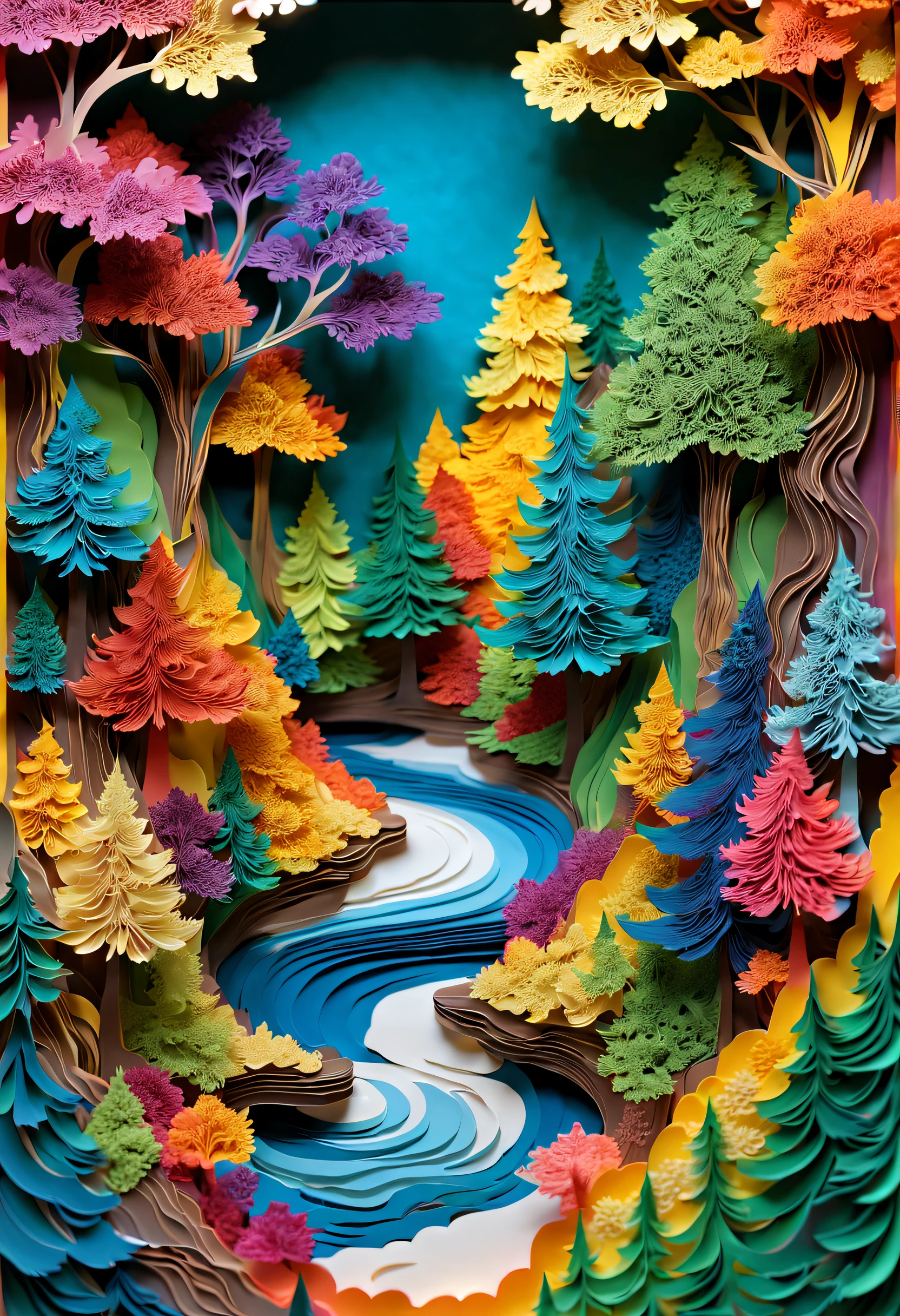 Masterpiece,Mandelbrot shape,(Three-dimensional paper cutting art,Extremely colorful),There is a river running through the forest,best qualtiy,realisticlying,realisticlying,super-fine,highly elaborate carvings on ,
