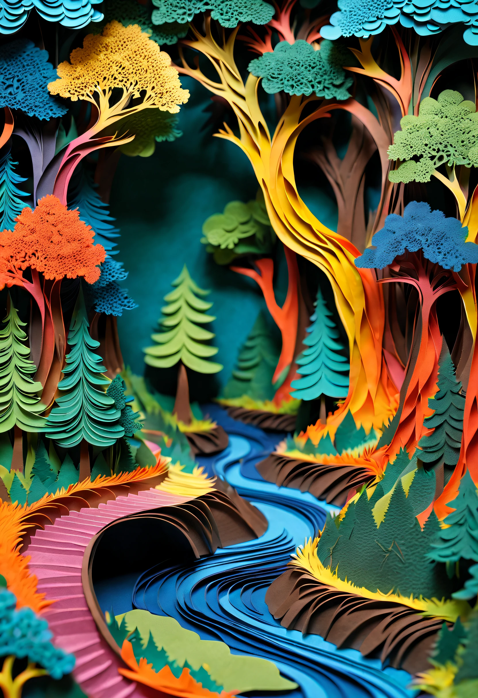 Masterpiece,Mandelbrot shape,(Three-dimensional paper cutting art,Extremely colorful),There is a river running through the forest,best qualtiy,realisticlying,realisticlying,super-fine,highly elaborate carvings on ,