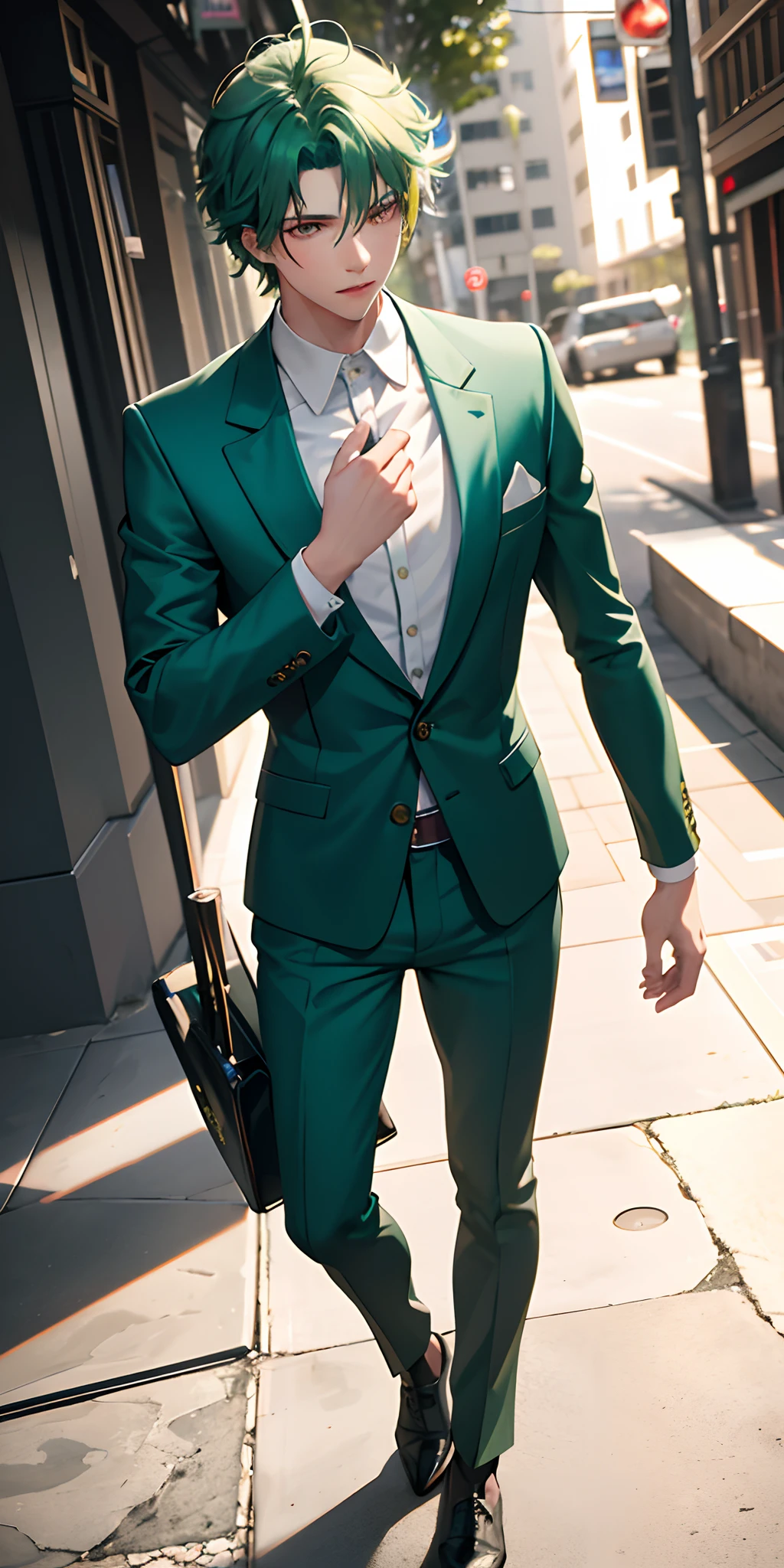20-year-old man, (((green hair)), ((medium combed hair)), ((blue suit outfit)), ((white shirt)), (light)))), (pose))), (photorealistic photo: 1.3), rim lighting, (high detail skin:1.2), 8K UHD, dslr, high quality, high resolution, 4K, 8K, Bokeh, Absurdity, Best ratio four fingers and one thumb, (Real:1.3), 1 man, green and red eyes, scar across his eyes