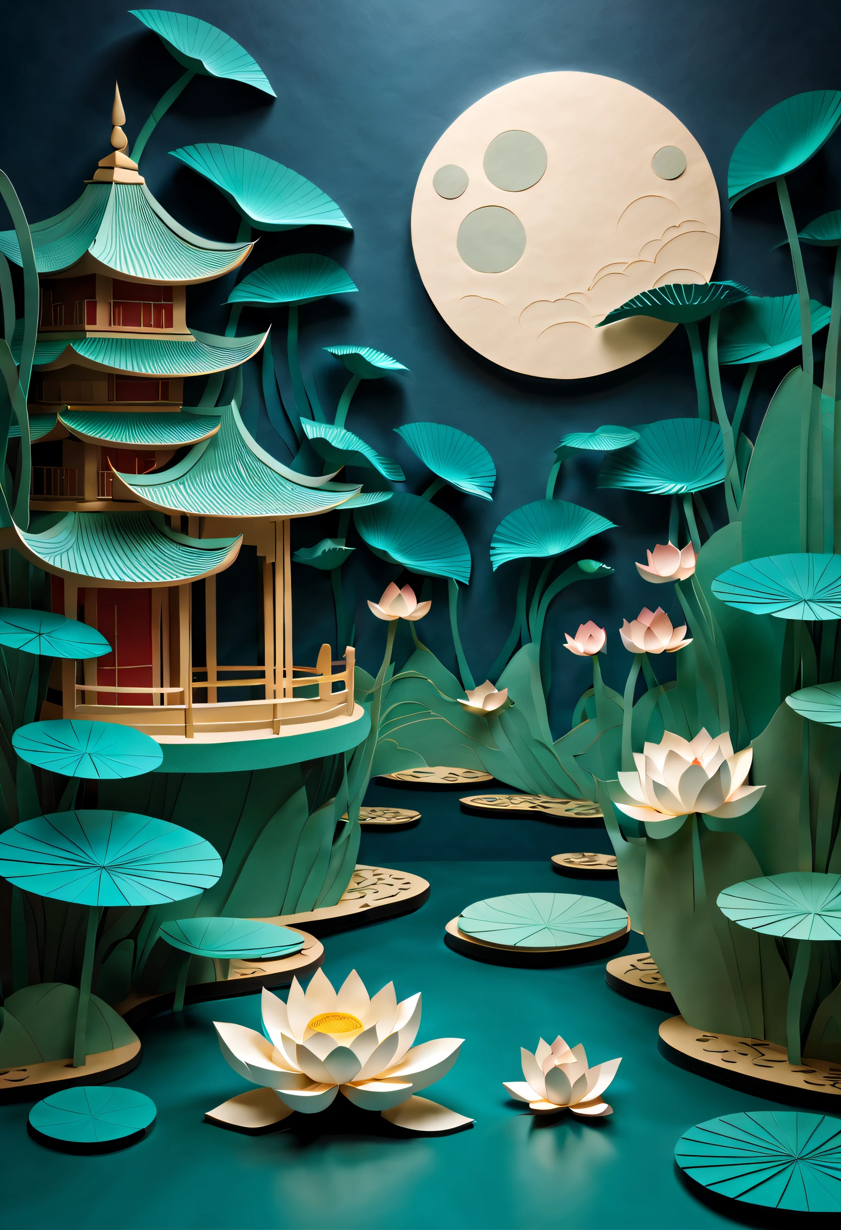 Intricate illustrations in paper art style,Lotus pond moonlight,Rendered in 3D,And draw inspiration from postmodern art, As a play by the Guggenheim,best qualtiy,realisticlying,realisticlying,super-fine,highly elaborate carvings on ,