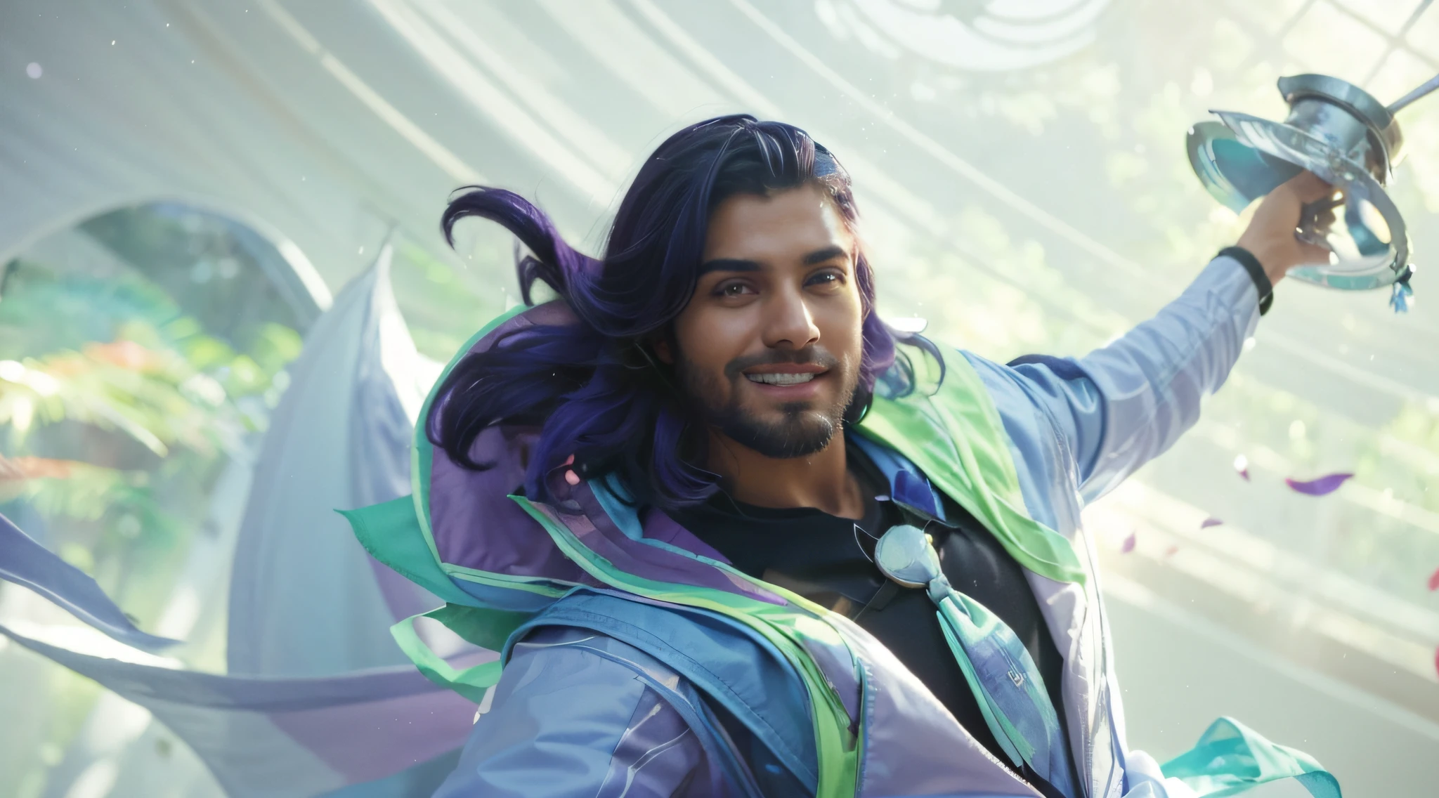 (best quality,4k,8k,alto,master part:1.2),ultra-detalhado,(Realistic,fotorrealista,photo-realistic:1.37), Foto RAW, homem de 28 anos, homem, maxilar forte, rosto sedutor, olhar sedutor, forte, manly, sedutor, sorrindo, sorrir, Alegre, feliz, OLHAR DESAFIADOR, barba, cicatriz ,macho, Homem,masculo, barba,olhar forte,piercing gaze at the camera,olhos bonitos,olhos expressivos,natural sunlight,sombras sutis,maxilar forte,olhar intenso,cabelos roxo,confident expression,studio lighting,foco nítido,vivid colors,Bokeh,fotografia de retrato