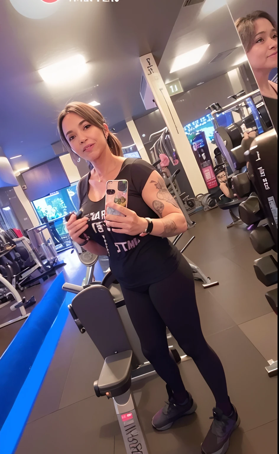 There's a woman standing in a gym with a cell phone, Strong and muscular arm, pernas musculosas, bunda grande, Seios grandes, seios fartos, decote profundo, Photo adjustment, em uma academia, taken in the early 2020s, imagem de perfil, tomada em 2 0 2 0, Fotografia tirada em 2 0 2 0, photo from behind, malhar, Fotografia tirada em 2 0 2 0, inspired by Louisa Matthíasdóttir