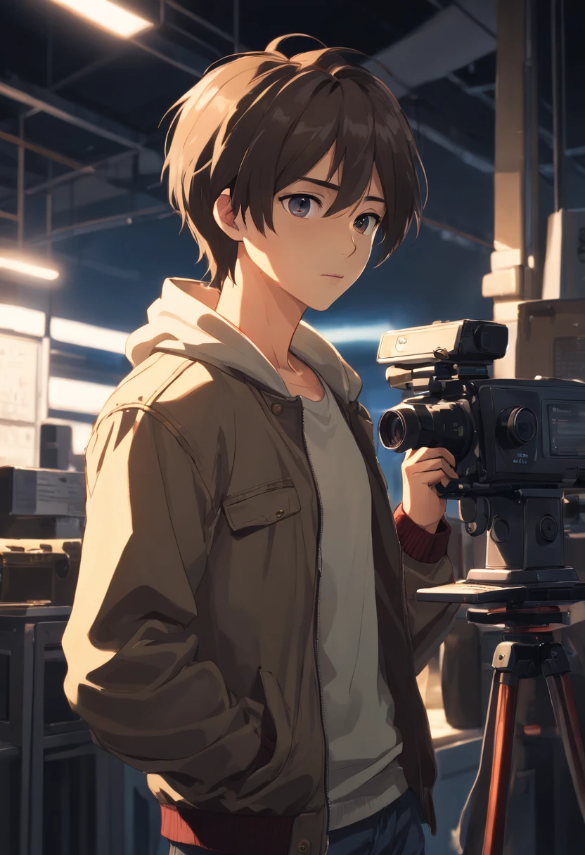 Masterpiece, Superb Clothing, (illustration), ((1 person)),inside in room,sofe,tvp, ((Handsome man holding a video camera), (Russian Mill Style), Fashion, Leather jacket, (Long hair), (irate), (White skin), (dark circles), Handsome, , Uptrend, dark gray,,long perspective, (Grand background), (Chiaroscuro)), Fine face in detail, Facial details, Cinematic lighting, (Depth of field), hyper HD, (Upper body), Black background