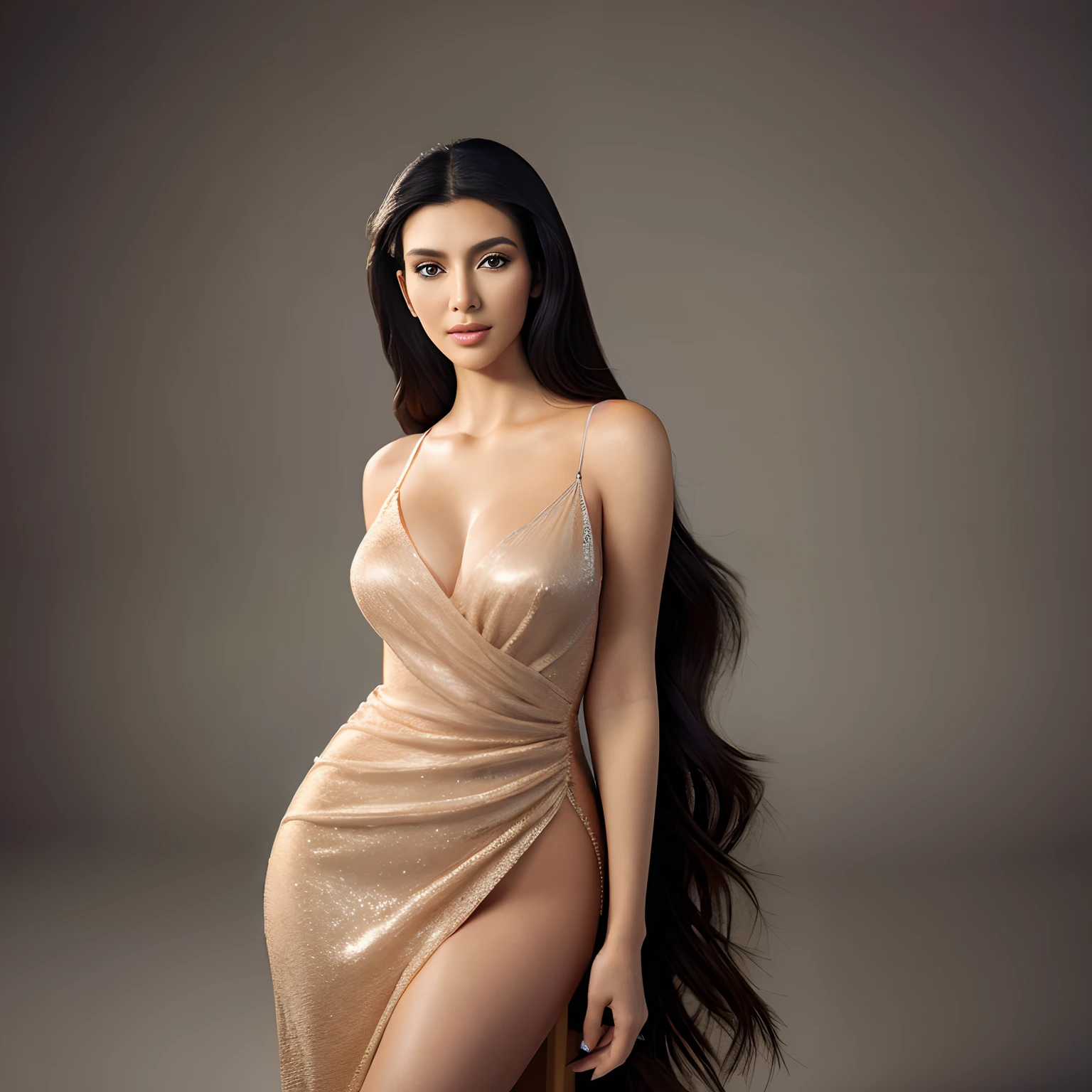 Young nepali Beauty fashion model posing,8k, masterpiece,the model look like K , best quality,sony a7, 50 mm, beautiful skin, pores, colors, hyperdetailed, hyperrealistic) ,wearing a ,the picture is the best picture of 2023,it look so realistic ,long hairs , wearing camisole ,looking at the camera, (photo, studio lighting, length -Full length,theme- portrait,the picture look look like highly professional photography,The model look 20% look alike like kim kardashian,Dress - beautiful night dress