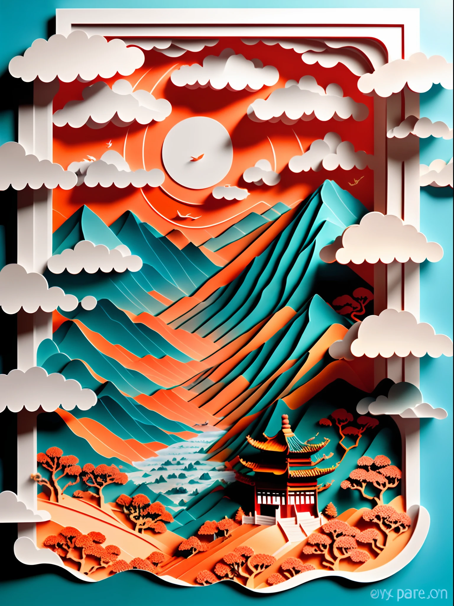 paper cut out，Chinese Garden，mountain water，Sea of clouds，16k, Best quality, Masterpiece, UHD resolution, Reasonable composition