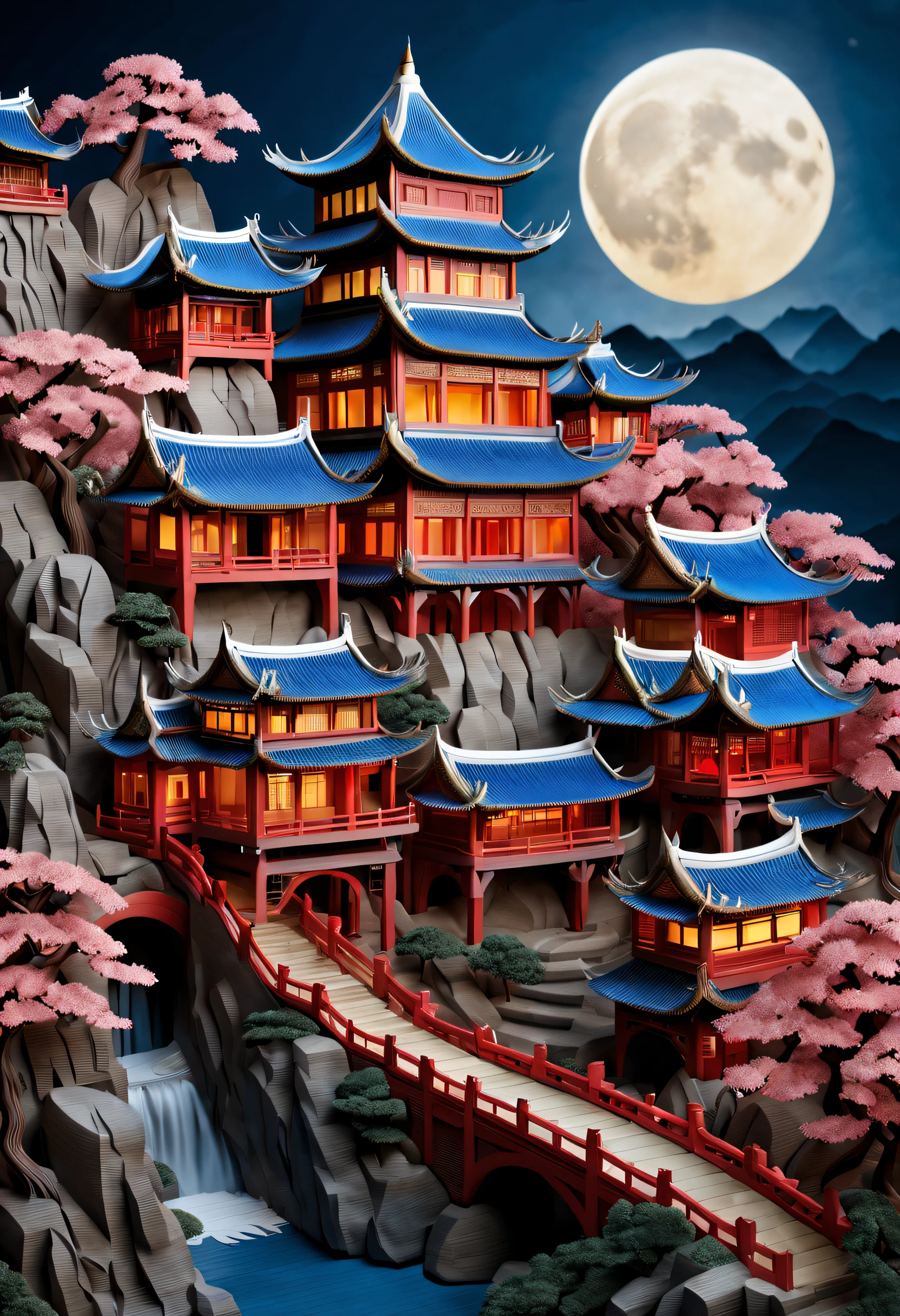 (Best quality,4K,8K,A high resolution,Masterpiece:1.2),Ultra-detailed,(Realistic,Photorealistic,photo-realistic:1.37),Paper crafts, paper cut out, Masterpiece, Traditional Chinese style houses，beautiful render of a fairytale, In the style of paper art, painting of beautiful, beautiful as the moon, A very complex masterpiece, A beautiful and intricate masterpiece of red, multi-layer, mysterious, Castle, Traditional art form, intricatedesign, Delicate details, Vibrant colors, Soothing atmosphere