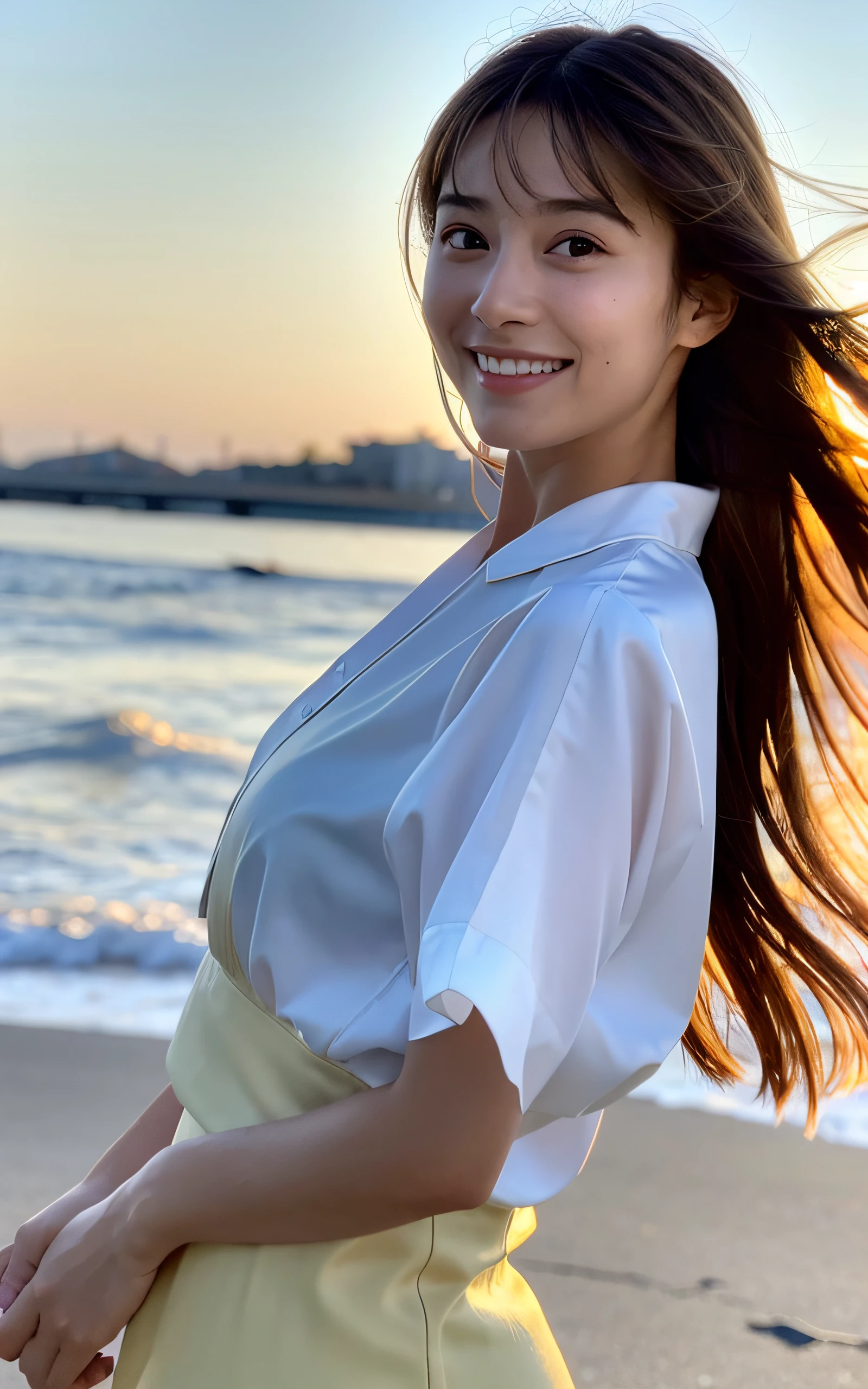 (Raw photo, Best Quality), (Realistic, Photorealsitic:1.3), masterpiece, 1 girl, extremely delicate and beautiful girl, standing quietly, Soft light, back light, (Brown hair, Shoulder-length straight hair swaying in the wind), Bangs, Beautiful detailed girl, smiling, (Detailed fingers), correct anatomy, extremely detailed eyes and face, beautiful detailed nose, Beautiful detailed eyes, Japanese, Neat and clean beauty, Silk shirt, Skirt, (Half body:1.3), Realistic face, Realistic body,