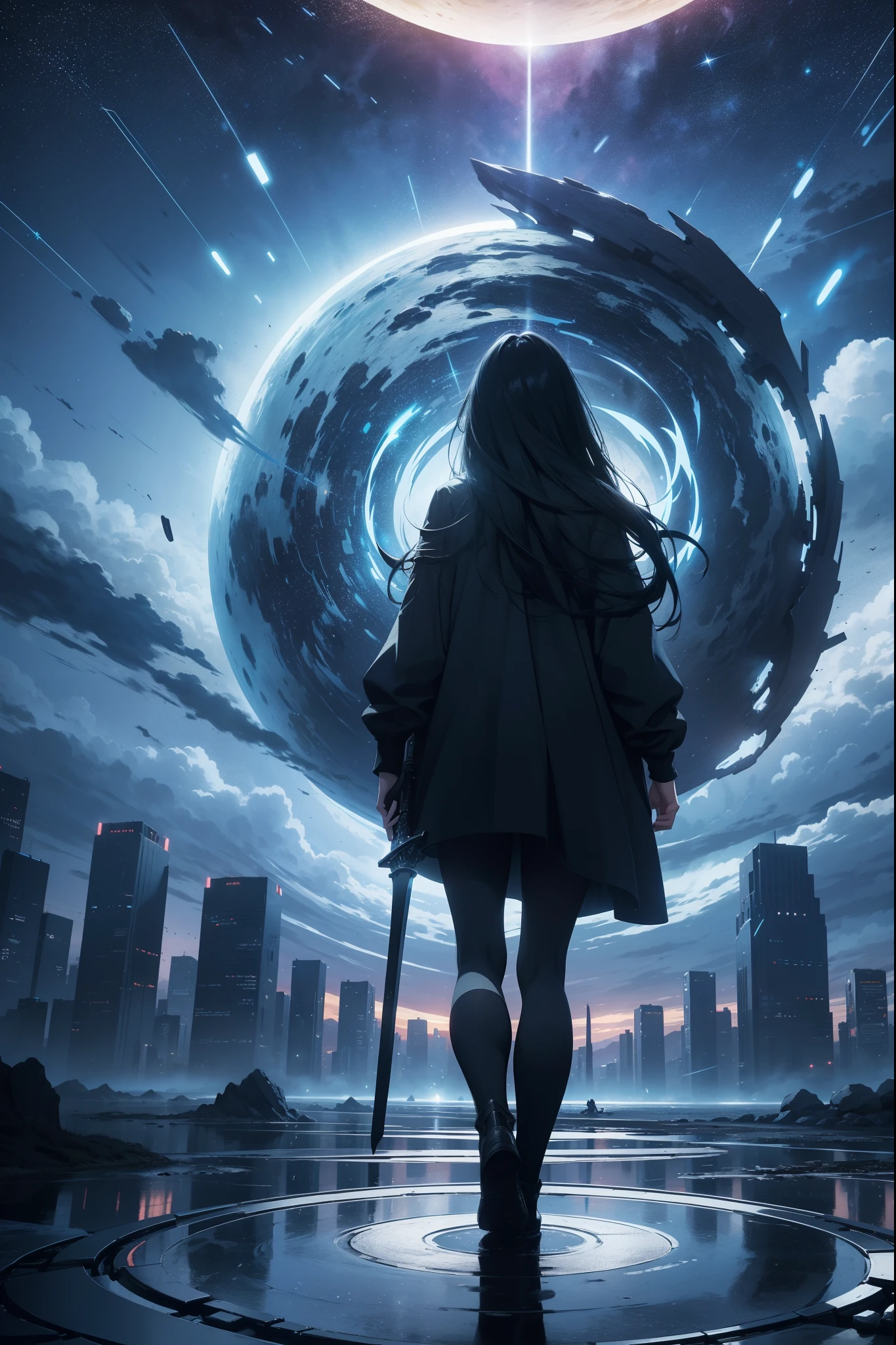 Storyboard,((Best Quality, 8K, Masterpiece)), landscape, in front of portal, standing womanwith black hair, look at the stars, amazing scenery, hundreds of stars forming a circle, center of city, futures, bring long sword, the edge of the world, outstanding art, reflection.