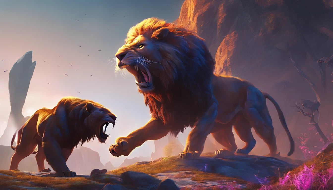 Fantasy World Saber Tooth Bison and Fantasy World Saber Tooth Lion are fighting，Emits a blue-violet light，glow effect，the night，中景 the scene is，Full body like， Highly detailed surreal VFX，OC rendering，Shot at 70 mm - AR