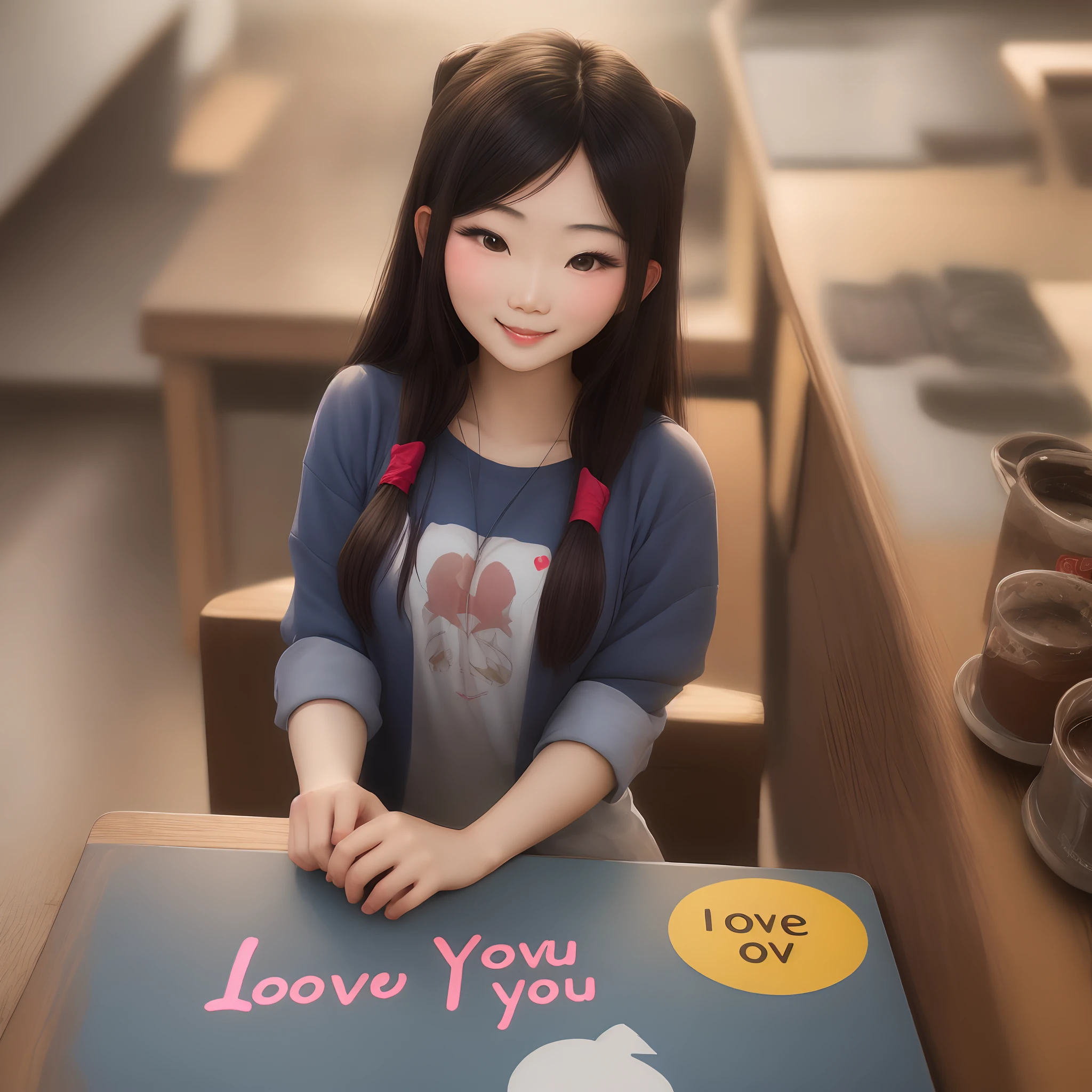 a pretty asian girl holding the board " I love you "