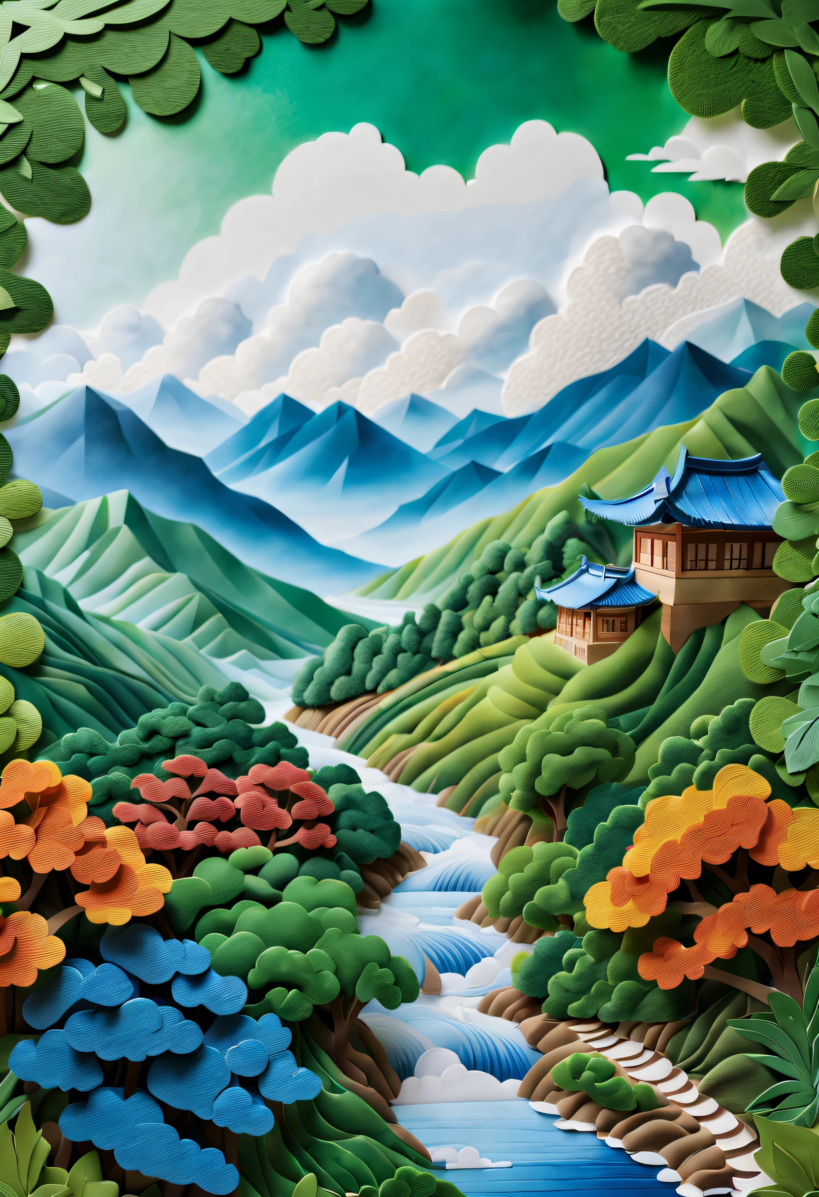 (Best quality,4K,8K,A high resolution,Masterpiece:1.2),Ultra-detailed,(Realistic,Photorealistic,photo-realistic:1.37),Paper crafts, paper cut out, Blue sky, White clouds, Lush green mountains, terraced, Traditional art form, intricatedesign, Delicate details, Vibrant colors, Soothing atmosphere