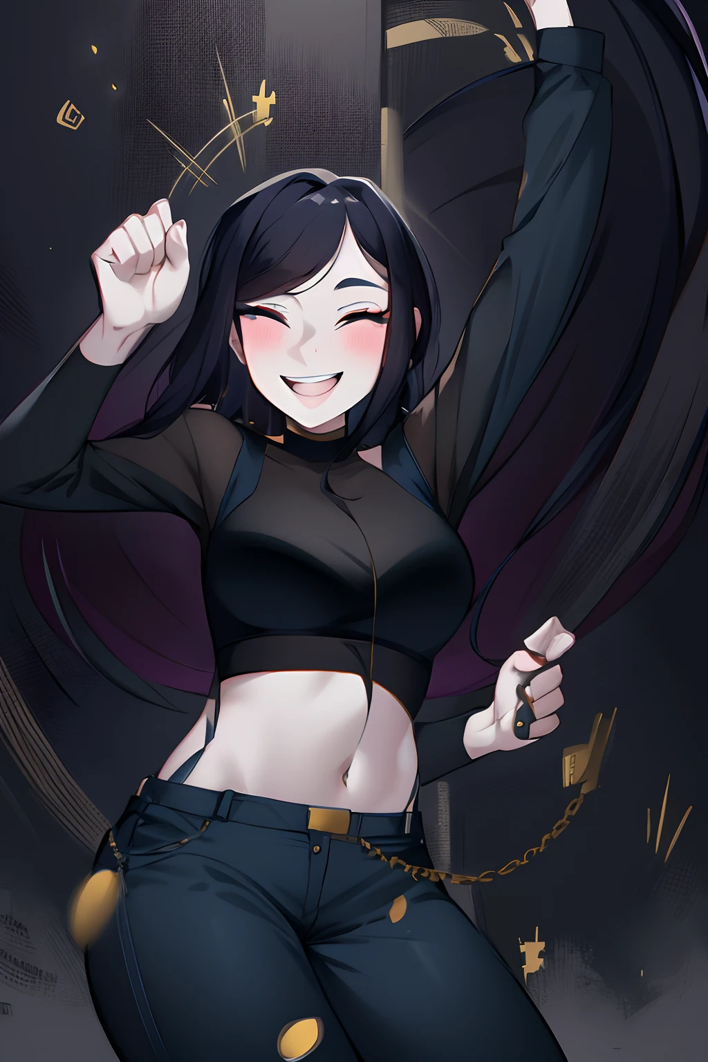 a cartoon drawing of a woman dancing with her hands, heavy gesture style closeup, urban girl fanart, pose(arms up + happy), mostly greyscale, jaidenanimations, crop top, tall female emo art student, commission for high res, with arms up, inspired by Yang J, dramatic smirk pose, smiling and dancing, dancing in the background, oc commission