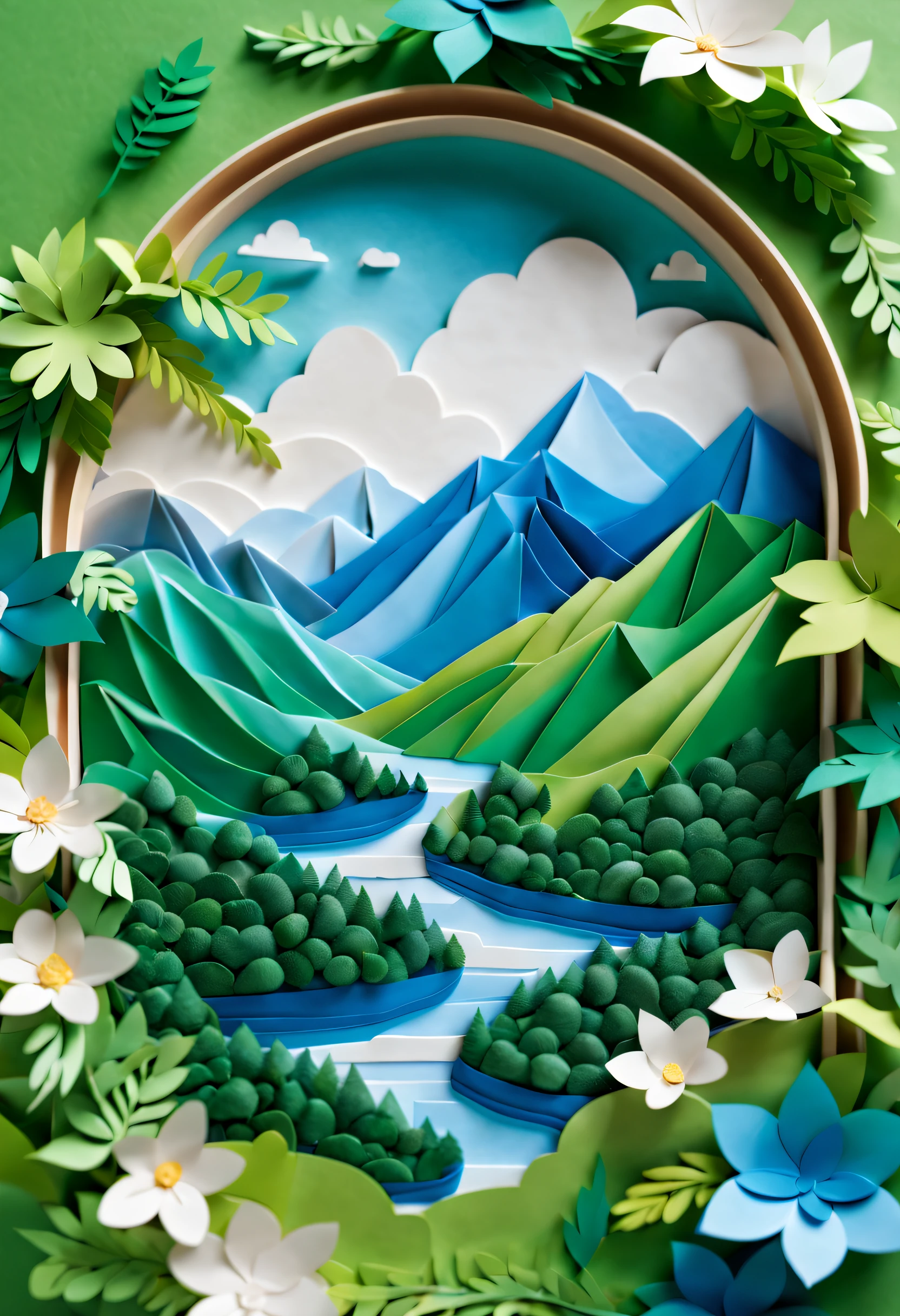 (Best quality,4K,8K,A high resolution,Masterpiece:1.2),Ultra-detailed,(Realistic,Photorealistic,photo-realistic:1.37),Paper crafts, paper cut out, Blue sky, White clouds, Lush green mountains, terraced, Traditional art form, intricatedesign, Delicate details, Vibrant colors, Soothing atmosphere