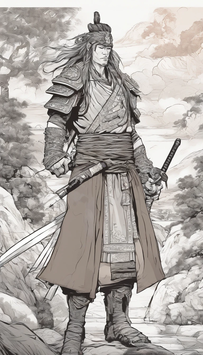 estilo manga,中景 the scene is,The Taoist samurai stood before a huge transparent lion,Holding out your hands,long messy hair,efeito de brilho,hyper-realistic,Ultra foto Realsisim,Chinese black and white ink style,prata,Discoloration,mancha,Inky,8k,super-fino,Alta Quaridade,renderizador OC