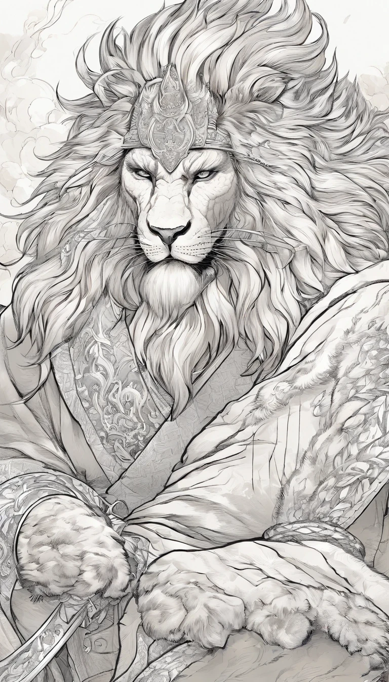 estilo manga，中景 the scene is，The Taoist samurai stood before a huge transparent lion，Holding out your hands，long messy hair，efeito de brilho，hyper-realistic，Ultra foto Realsisim，Chinese black and white ink style，prata，Discoloration，mancha，Inky，8k，super-fino，Alta Quaridade，renderizador OC