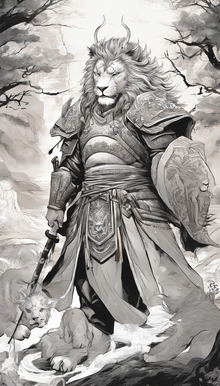 estilo manga,中景 the scene is,The Taoist samurai stood before a huge transparent lion,Holding out your hands,long messy hair,efeito de brilho,hyper-realistic,Ultra foto Realsisim,Chinese black and white ink style,prata,Discoloration,mancha,Inky,8k,super-fino,Alta Quaridade,renderizador OC