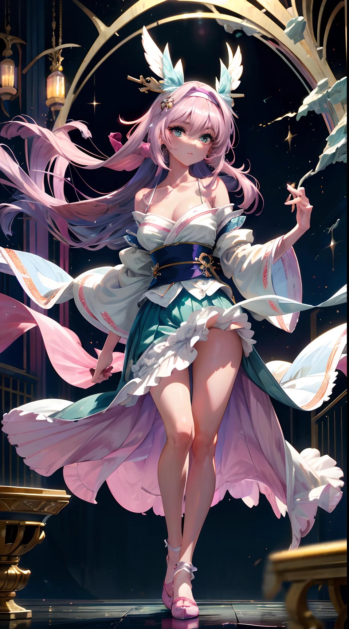 Charming, The cute and beautiful fox turned into a woman，Large chest，Slender figure，The royal sister matures，Pure wind，perfectly proportions.Big bright eyes，long eyelasher，pink bows，Be red in the face，hyper realisitc，Very realistic，standing straight.Legs crossed，White skin of the，White Hanfu，Blue skirt，blue sash，Ultra HD series，Green long hair，messy  hair，Delicate collarbones，High desire，Blue antique stockings，Flush pink antique embroidered shoes，White gloves，Pink antique headband，Alicia for，Purple hair big breasts
