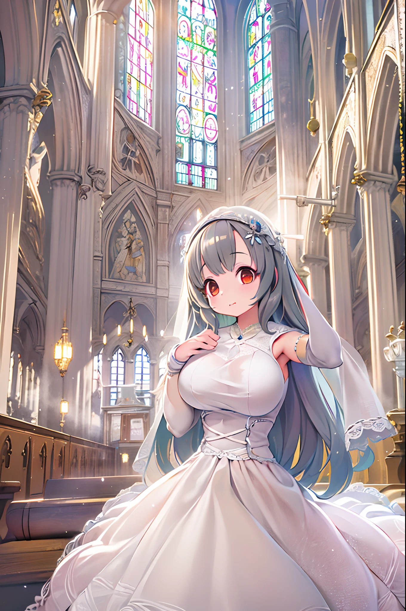 High resolution, Best Quality, masutepiece, Ultra high definition, Ultra high definition, .。.3D, Anime, Illustration, In a church、wedding hall、Two women in wedding dresses、2girls，girl1：bbw、huge-breasted、adolable，Black hair，Bob-cut hair，huging、stare、weddingdress、Girl 2：adolable，A pink-haired，Long grey hair，huge-breasted、huging、stare、weddingdress