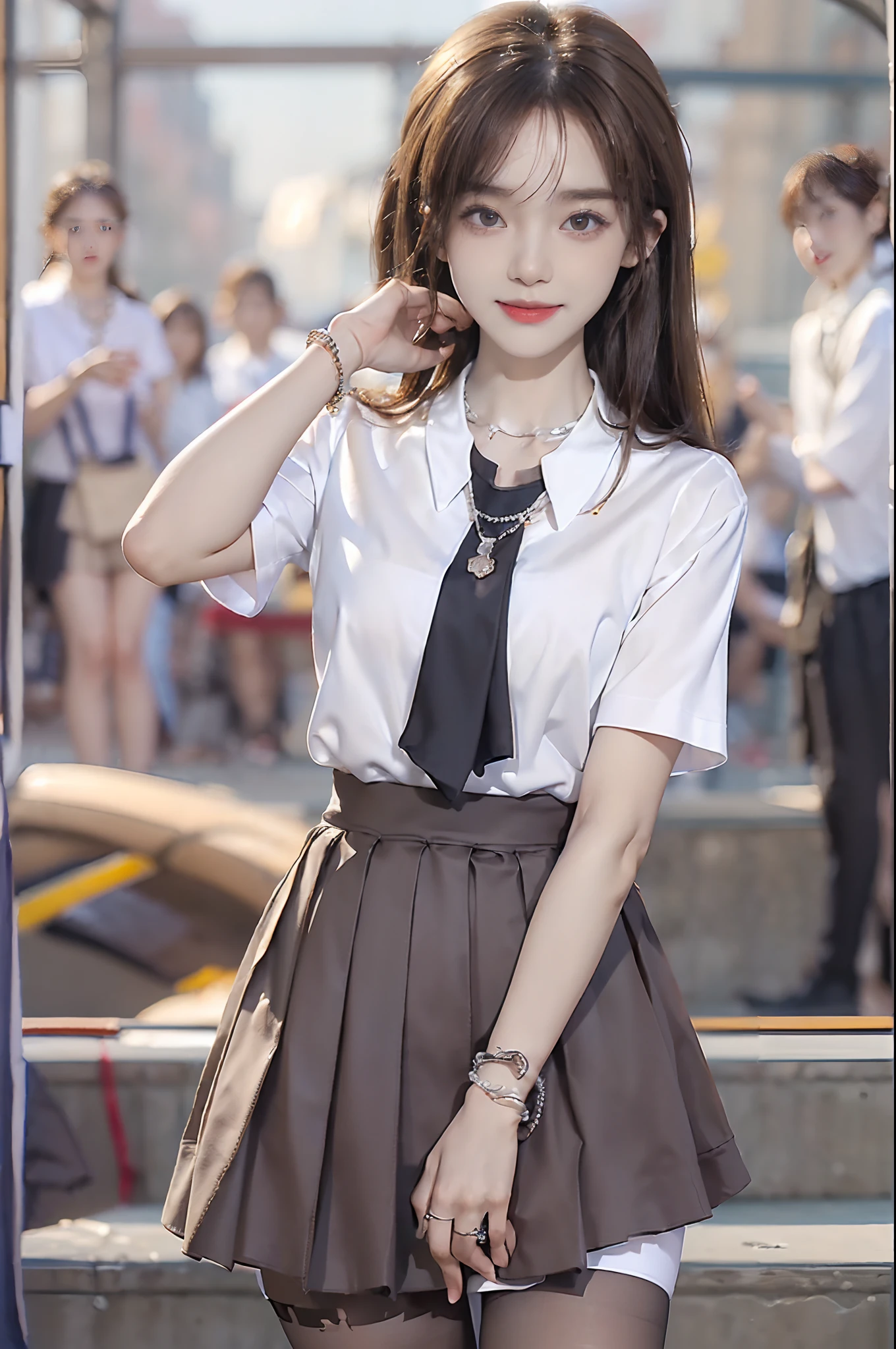 ((top-quality、8K、masterpiece:1.3))、(((1girl in)):1.3),((anatomy correct):1.45)、(Full body:1.5)、foco nítido:1.2、(realisitic、Photorealsitic:1.37)、((beautiful smiling face))、Gaze towards the viewer、Beautiful Face Woman、32years old、pointed chest、long eyeslashes、Colorcon、Big 、delicated、Very detailed eyes、Highly detailed eyebrows、(Sharp Eyebrows)、(Thin eyebrows)、very vey very detailed face、((Brunette short disheveled hair)),((Brown pantyhose))、Detailed background(8K、masterpiece、top-quality、Raw foto) 、(School Uniforms:1.3), (clothes around waist:1.5), (Knot at the waist:1.3), (white collared shirts:1.4), ((White collar, Unbutton, Short sleeve):1.2), (pleatedskirt:1.3), ((Necklace, Colorful bracelets):1.2),Classroom Background