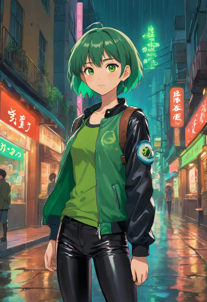 1girl, brown skin, short green hair, brown eyes, wearing black tank top, wearing black_green leather jacket, black leather pants, at night, black leather boots, city street, ground wet from rain, fall, night time, neon sign in background, beautiful, absurdres, high res, ultrasharp, 8k, masterpiece, looking at viewer.