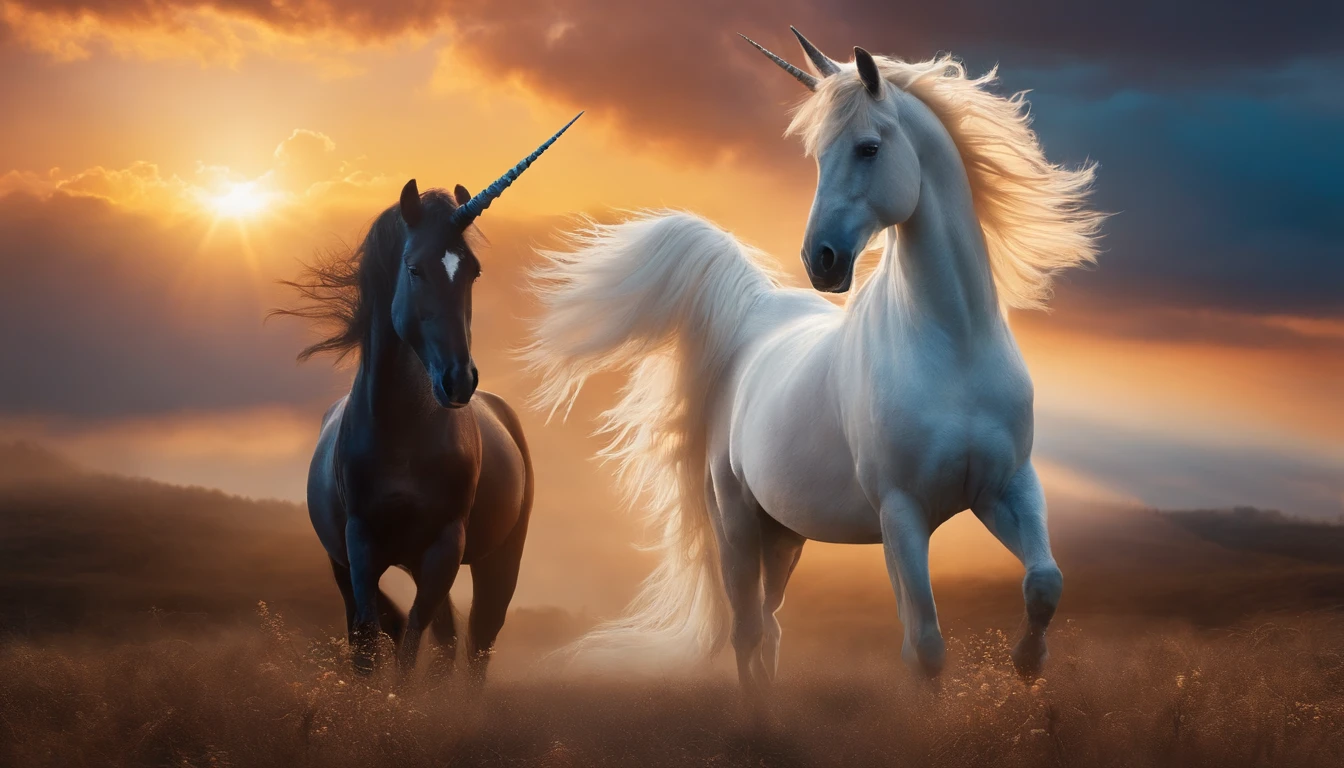 Two unicorns standing together，The unicorn is in the middle of the picture，One of the unicorns has wings，Stand in the sky。In the background are the sky。