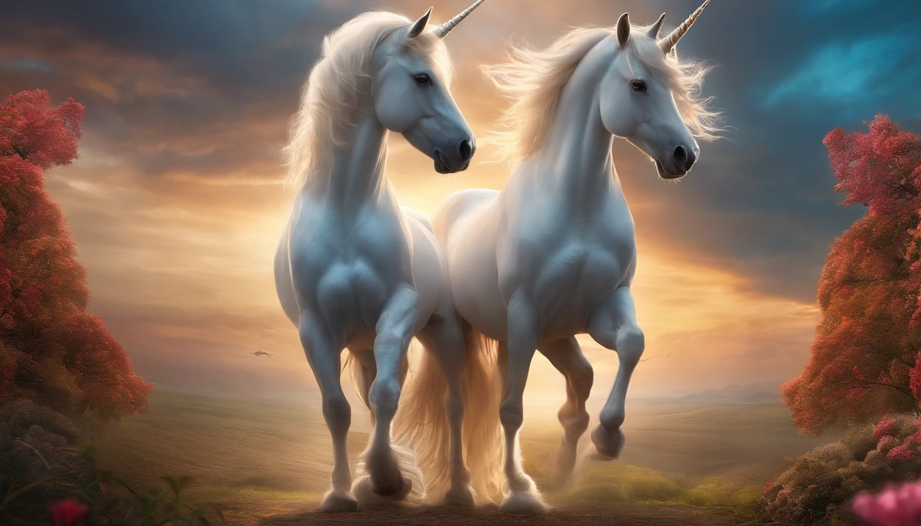 Two unicorns standing together,The unicorn is in the middle of the picture,One of the unicorns has wings,Stand in the sky。In the background are the sky。