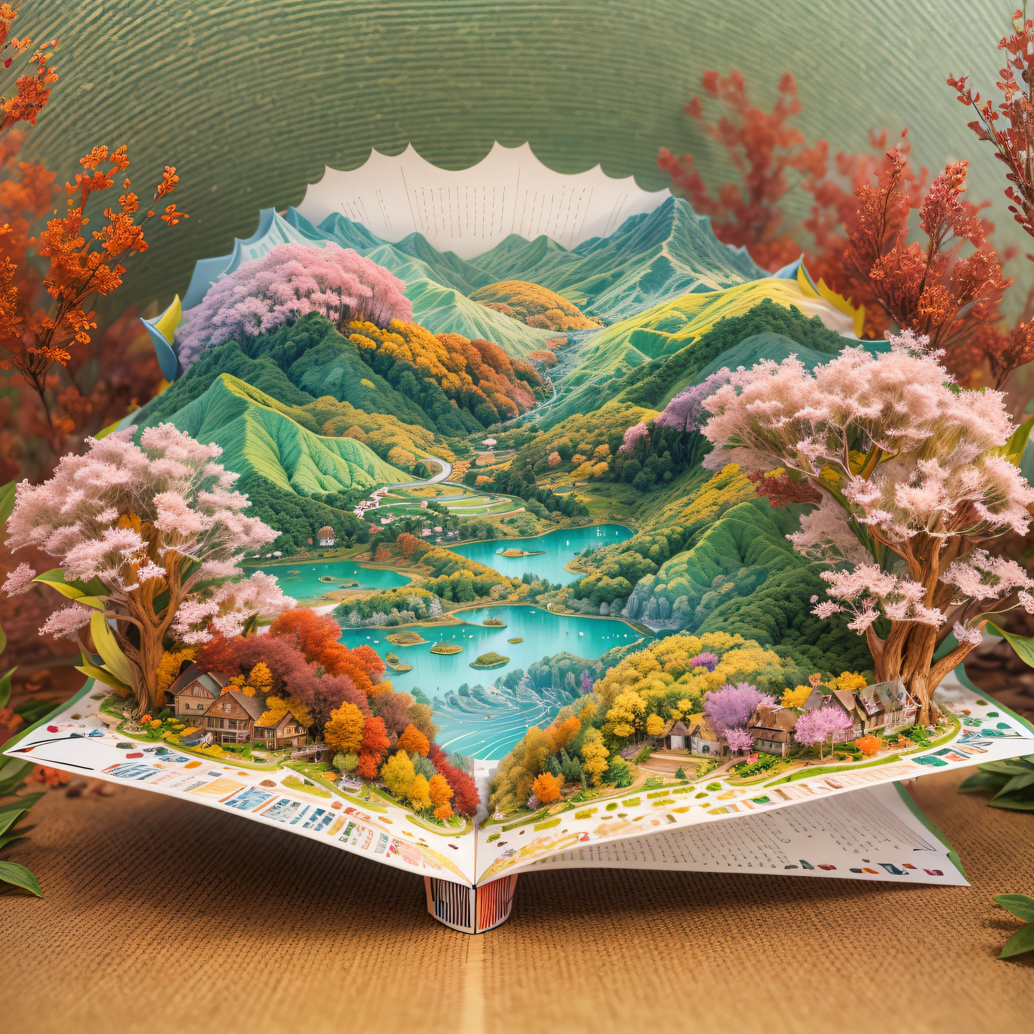 (popup book:1.5),(Paper Cuttings style):(Green terraces,Peach Blossom Forest,Lavender,Red maple),(Hills that are undulating by yellow),(Best quality,4K,8K,A high resolution,Masterpiece:1.2),Ultra-detailed,(Realistic,Photorealistic,photo-realistic:1.37) #Sea Art #Pop-up books #number art #digital drawing #Aylt #Love art