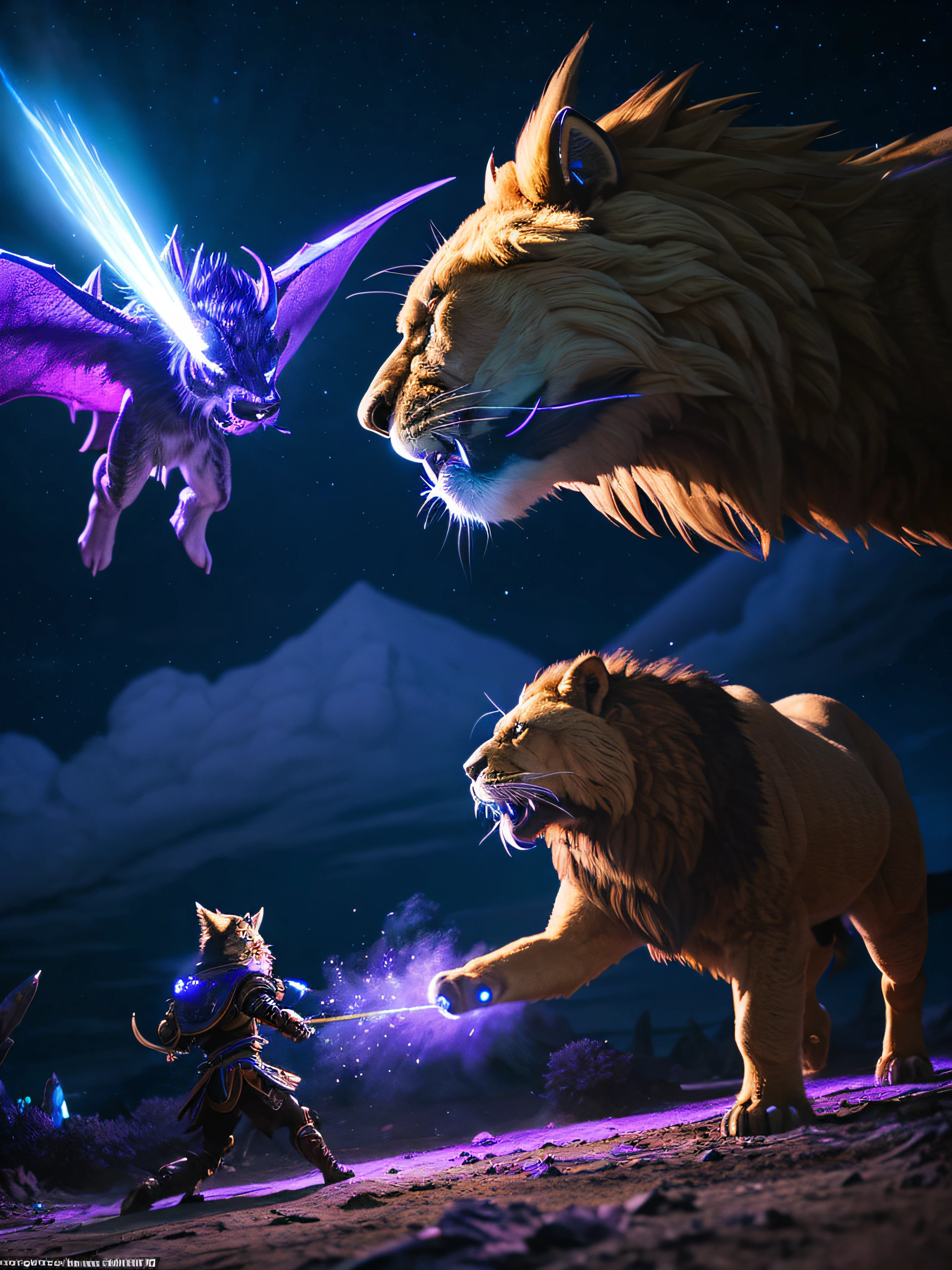 Fantasy World Saber Tooth Bison and Fantasy World Saber Tooth Lion are fighting,Emits a blue-violet light,glow effect,the night,中景 the scene is,Full body like, Highly detailed surreal VFX,OC rendering,Shot at 70 mm - AR