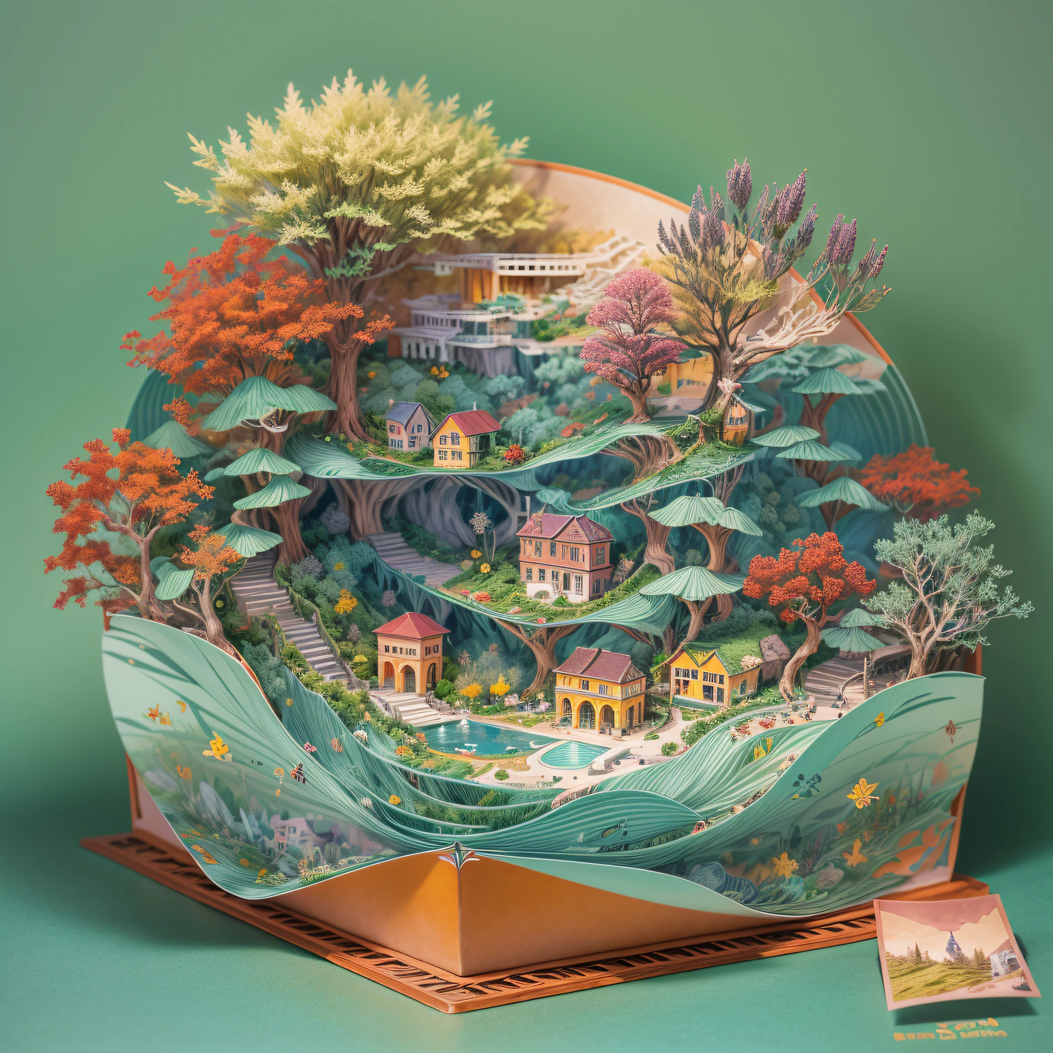 (popup book:1.5),(Paper Cuttings style):(Green terraces,Peach Blossom Forest,Lavender,Red maple),(Hills that are undulating by yellow),(Best quality,4K,8K,A high resolution,Masterpiece:1.2),Ultra-detailed,(Realistic,Photorealistic,photo-realistic:1.37) #Sea Art #Pop-up books #number art #digital drawing #Aylt #Love art