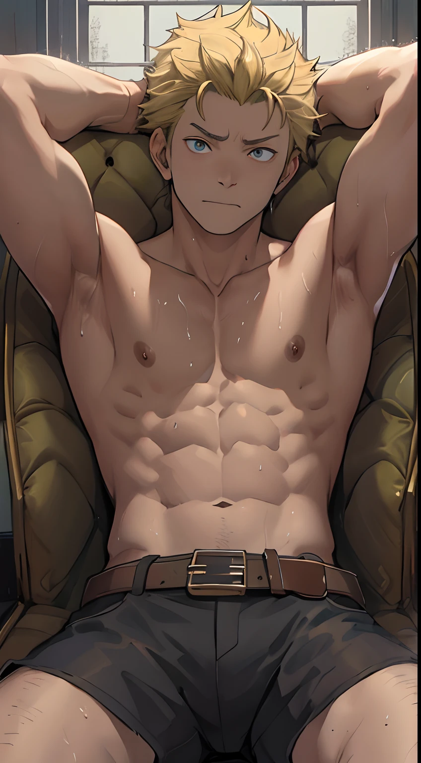 （1 Adult male），A high resolution， Sharp focus， Pixiv masterpiece， （（Complicated details））， highly  detailed， natsuki_subaru， 1 man， Lazy，full bodyesbian，sit astride，Tired，decadent， blue color eyes（eyes glowing）， Short yellow hair，Bare topless，Wear a belt，perspire，Drenched，Get wet，look from down，The crotch is raised
