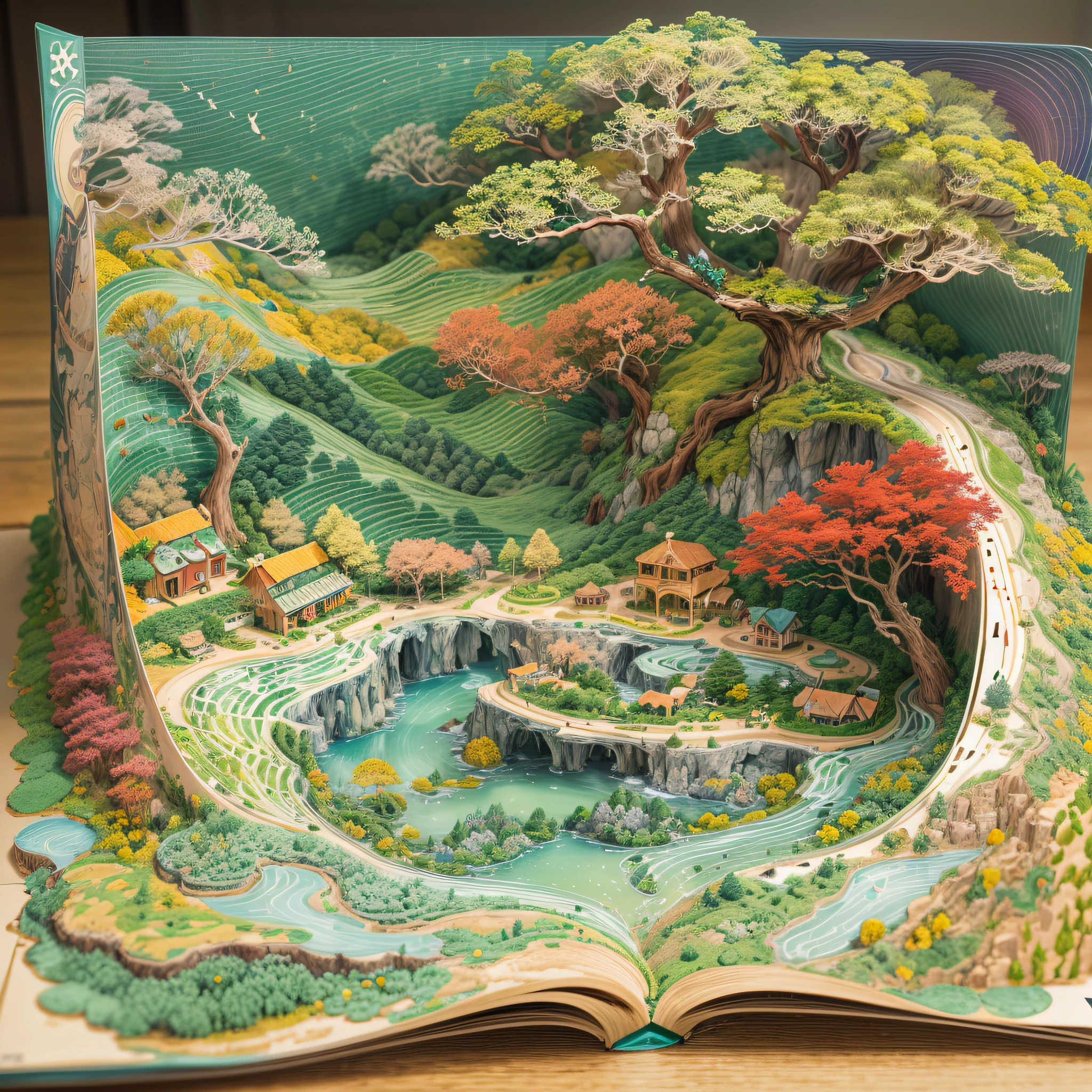 (popup book:1.5),(Paper Cuttings style):(Green terraces,Peach Blossom Forest,Lavender,Red maple),(Hills that are undulating by yellow),(Best quality,4K,8K,A high resolution,Masterpiece:1.2),Ultra-detailed,(Realistic,Photorealistic,photo-realistic:1.37) #Sea Art #Pop-up books #number art #digital drawing #Aylt #Love art