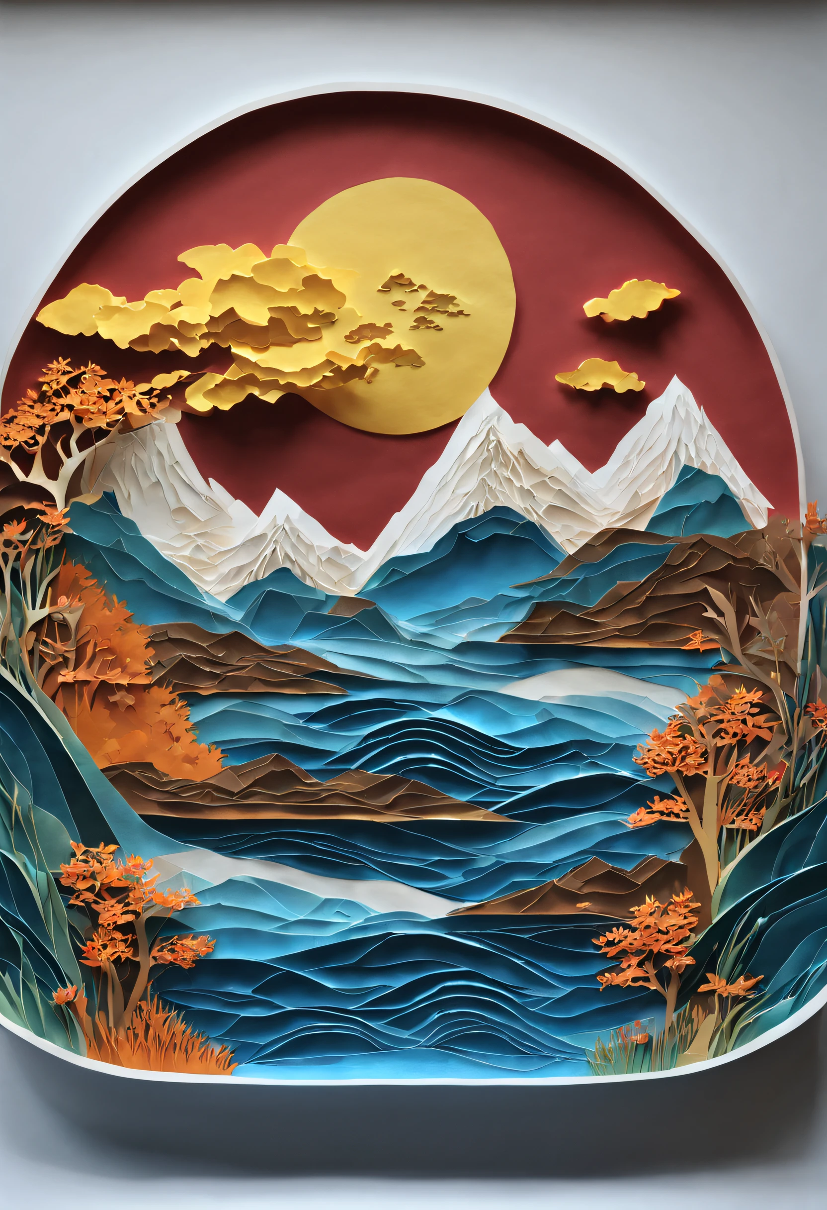 Paper_cut,(paper art,Quilted paper art,geomerty),There are mountains and sea in the bowl,National tide mountain and sea painting style,best qualtiy,realisticlying,realisticlying,super-fine,highly elaborate carvings on ,best qualtiy,