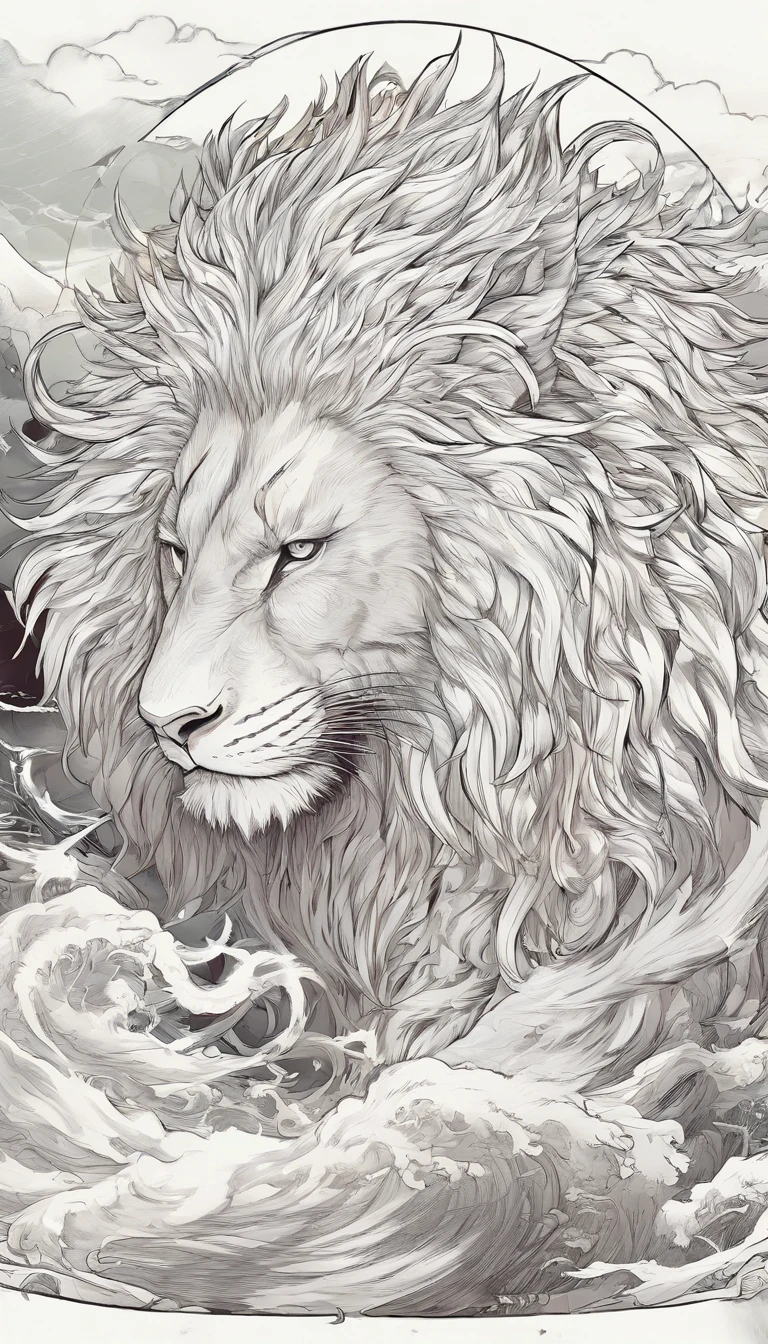 Estilo anime,中景 the scene is,The Taoist samurai stood before a huge transparent lion,Holding out your hands,long messy hair,efeito de brilho,hyper-realistic,Ultra foto Realsisim,Chinese black and white ink style,prata,Discoloration,mancha,Inky,8k,super-fino,Alta Quaridade,renderizador OC