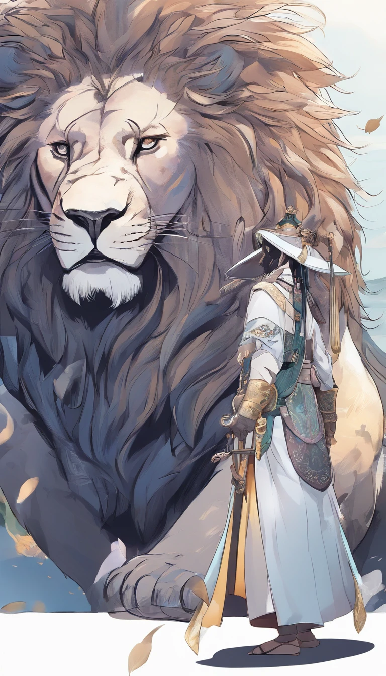 Estilo anime,中景 the scene is,The Taoist samurai stood before a huge transparent lion,Holding out your hands,long messy hair,efeito de brilho,hyper-realistic,Ultra foto Realsisim,Chinese black and white ink style,prata,Discoloration,mancha,Inky,8k,super-fino,Alta Quaridade,renderizador OC