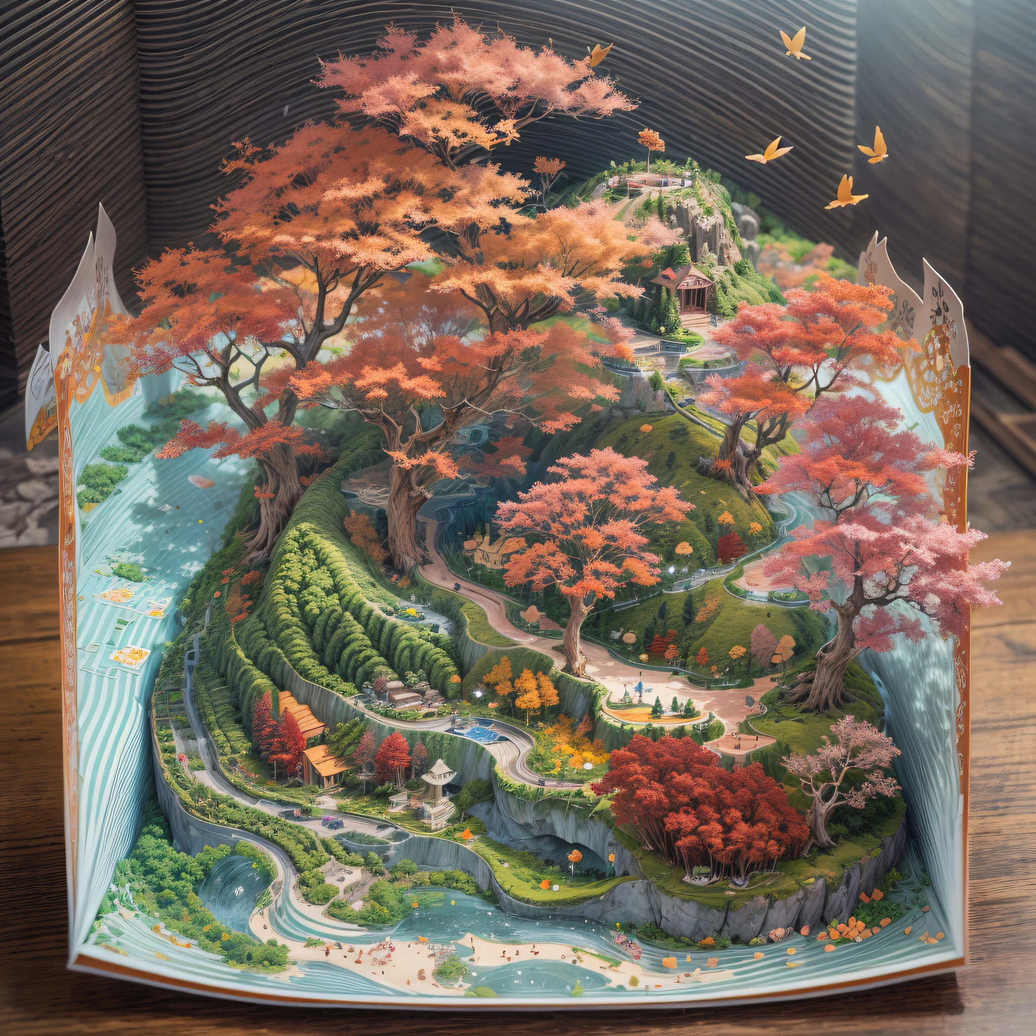 (popup book:1.5),(Paper Cuttings style):(Green terraces,Peach Blossom Forest,Lavender,Red maple),(Hills that are undulating by yellow),(Best quality,4K,8K,A high resolution,Masterpiece:1.2),Ultra-detailed,(Realistic,Photorealistic,photo-realistic:1.37) #Sea Art #Pop-up books #number art #digital drawing #Aylt #Love art