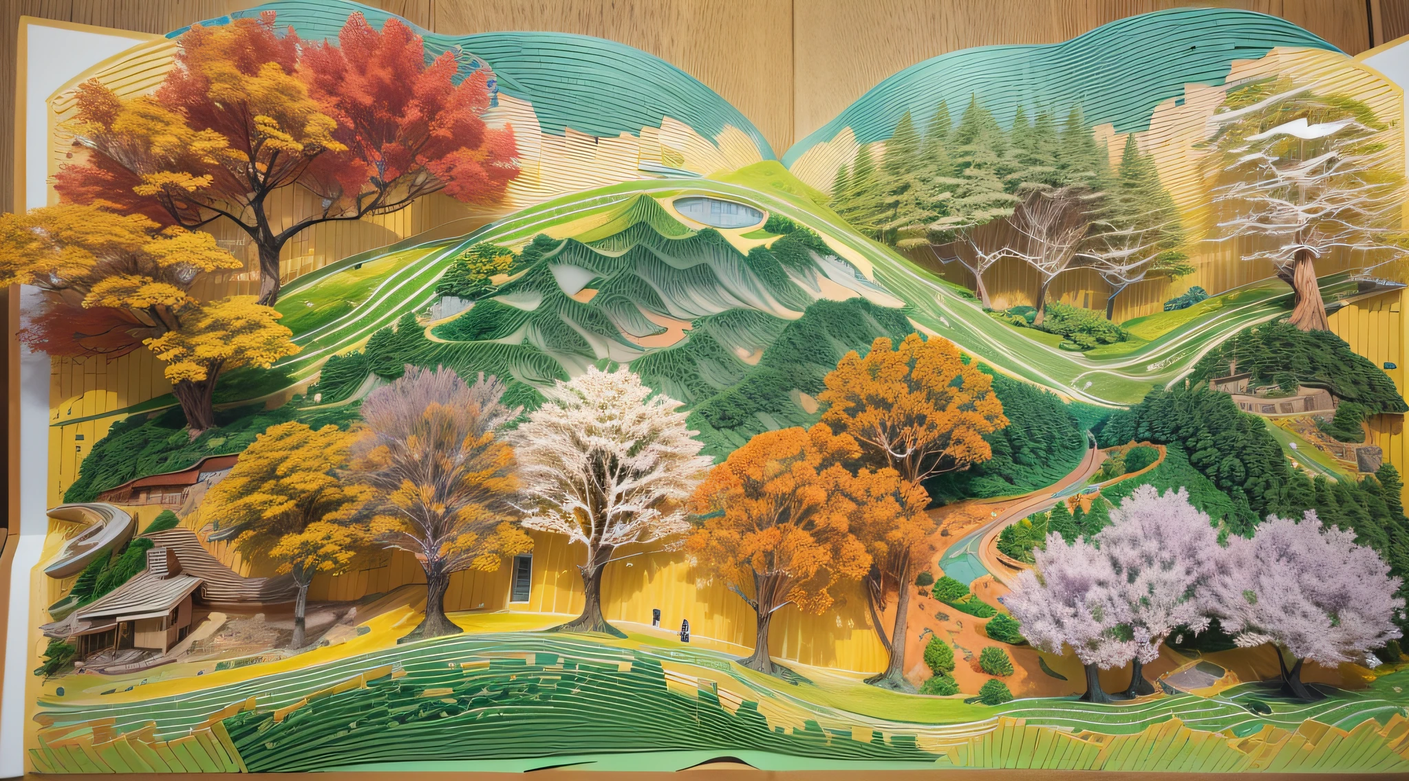 (popup book:1.5),(Paper Cuttings style):(Green terraces,Peach Blossom Forest,Lavender,Red maple),(Hills that are undulating by yellow),(Best quality,4K,8K,A high resolution,Masterpiece:1.2),Ultra-detailed,(Realistic,Photorealistic,photo-realistic:1.37) #Sea Art #Pop-up books #number art #digital drawing #Aylt #Love art