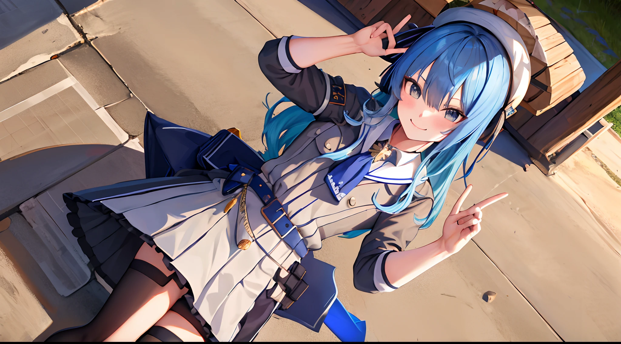 Obra maestra, La mejor calidad, Altas Resoluciones, sui1, 1girl, solamente, Cola de caballo lateral, Hoshimachi Suisei, Guantes sin dedos, single thighhigh, jewely, Individual sock, Correa para el muslo, brazalete, Calcetines azules, botones, A la altura de la rodilla, Vestido a cuadros, gargantilla azul, Blue Belt, falda a cuadros, mini corona, falda gris, Ascot azul, mangas largas, Chaqueta a cuadros, Disparo de vaquero, en el escenario, Clamping microphone, They are smiling,