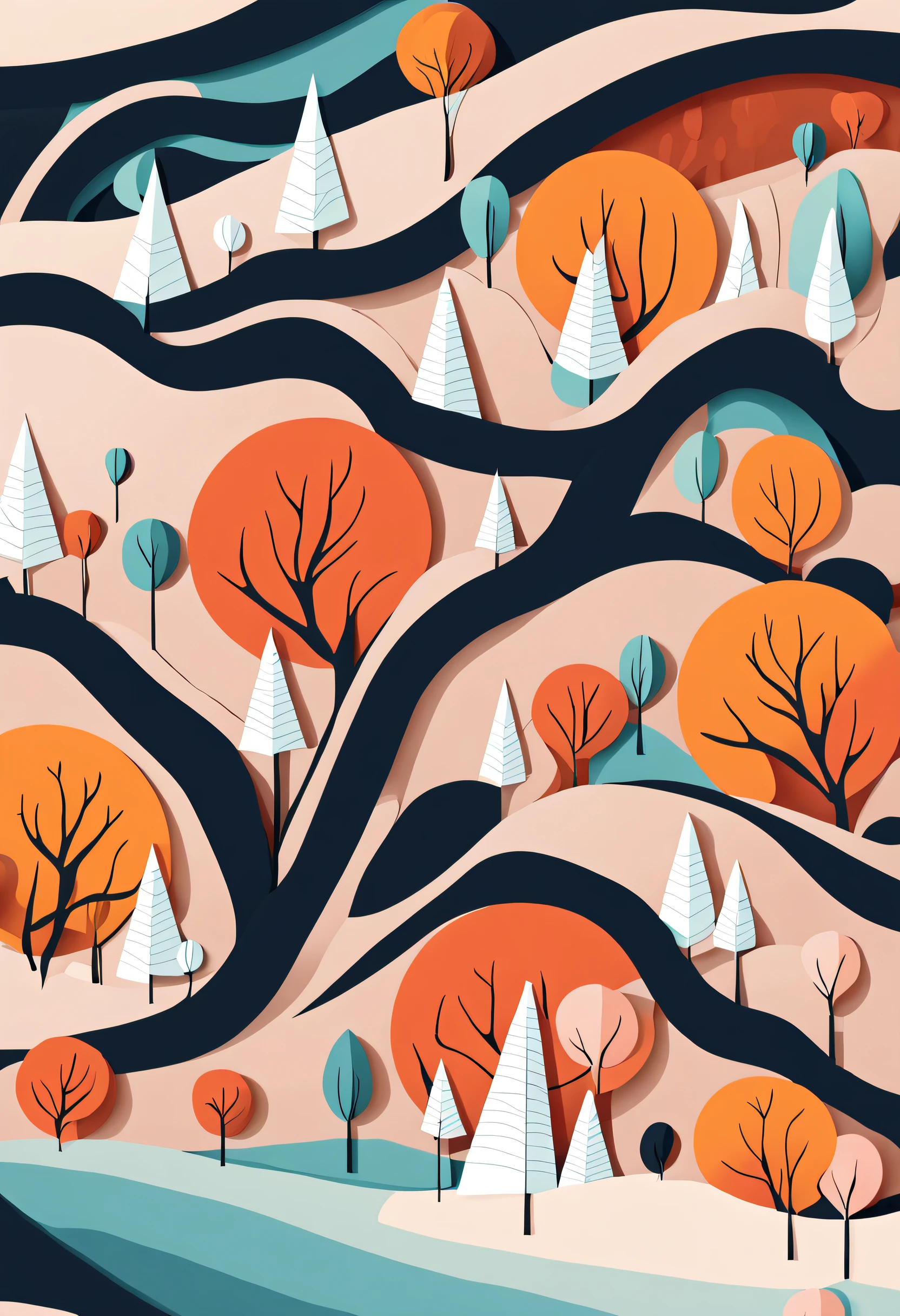 Intricate illustration in paper art style,The forest has a river running through it, Features a fantastic pastel palette of orange and black.