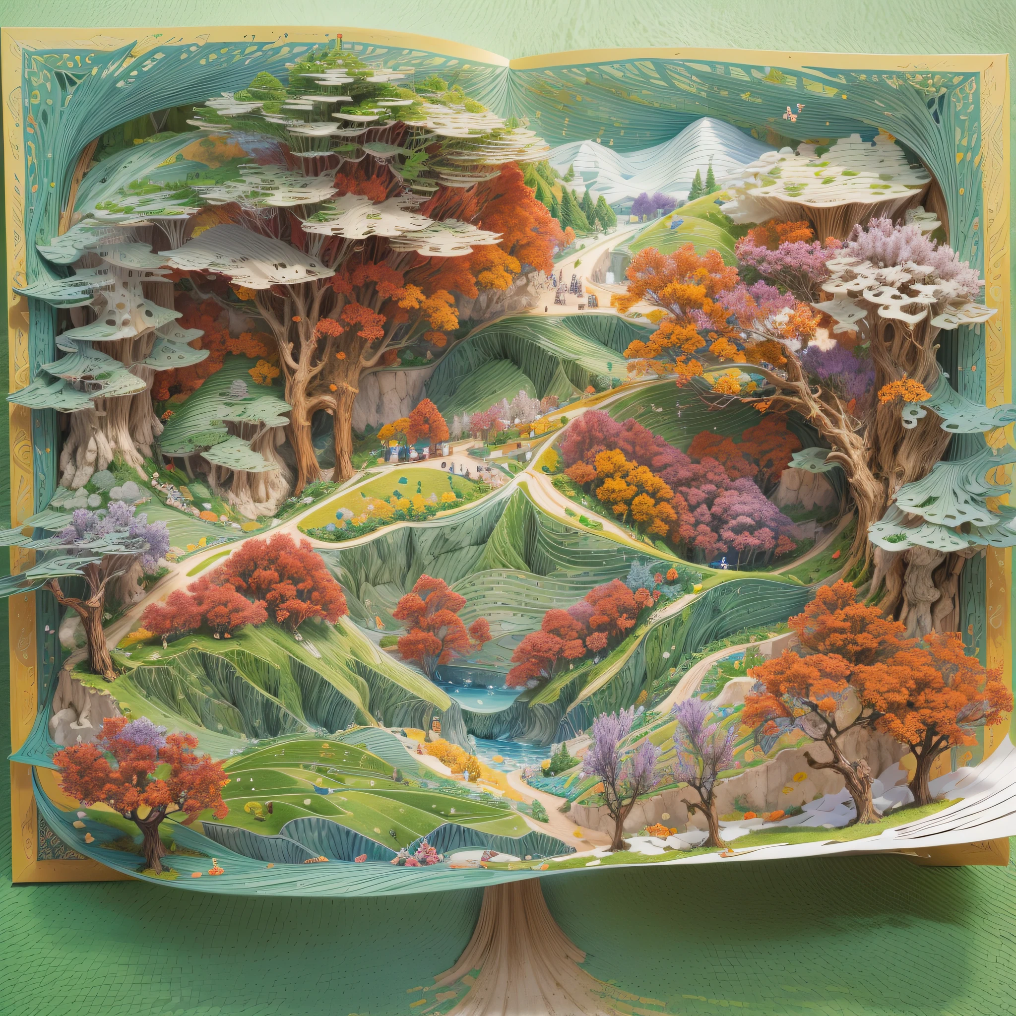 (popup book:1.5),(Paper Cuttings style):(Green terraces,Peach Blossom Forest,Lavender,Red maple),(Hills that are undulating by yellow),(Best quality,4K,8K,A high resolution,Masterpiece:1.2),Ultra-detailed,(Realistic,Photorealistic,photo-realistic:1.37) #Sea Art #Pop-up books #number art #digital drawing #Aylt #Love art