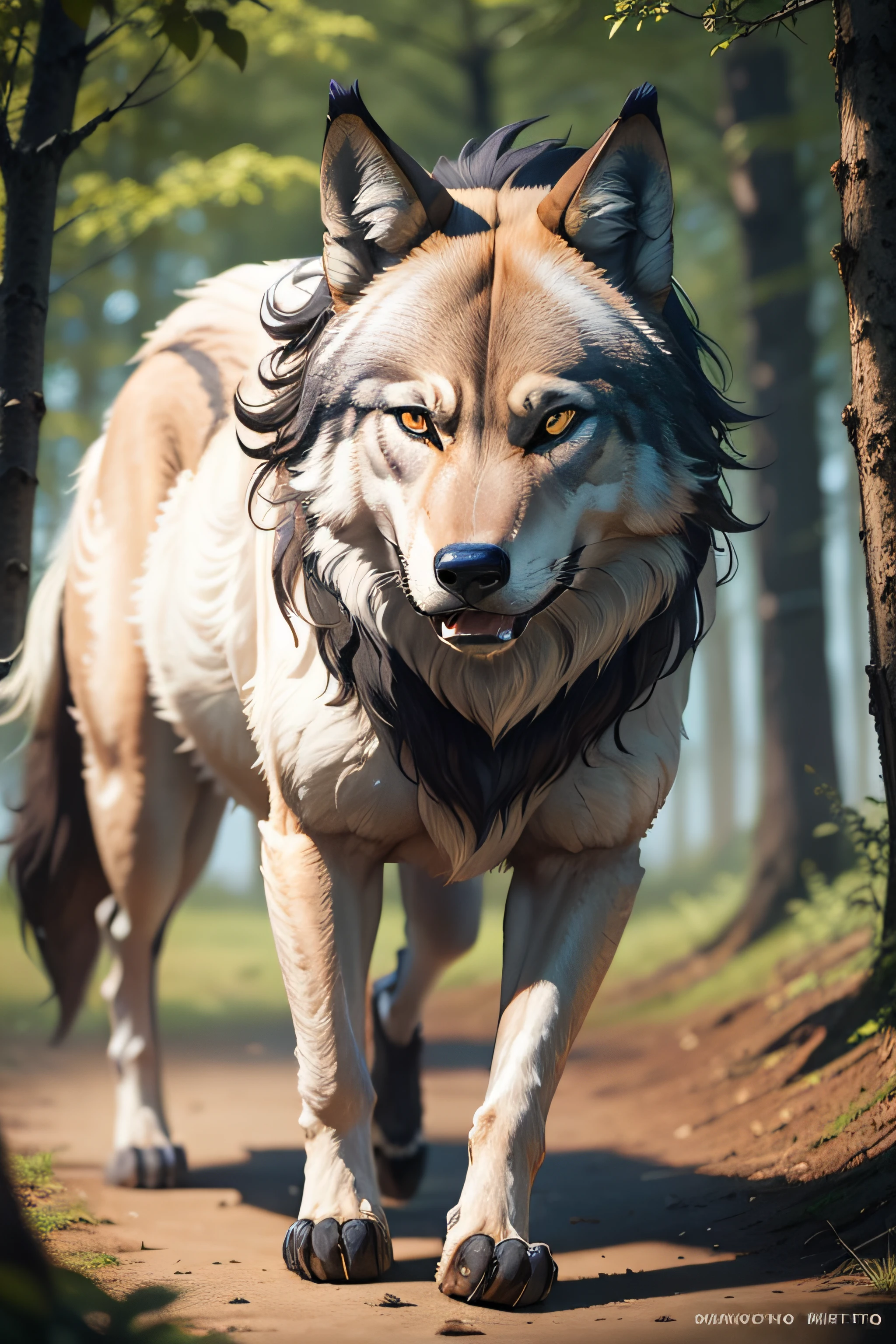 Majestic wild wolf standing in natural habitat, Powerful presence and vivid coating.